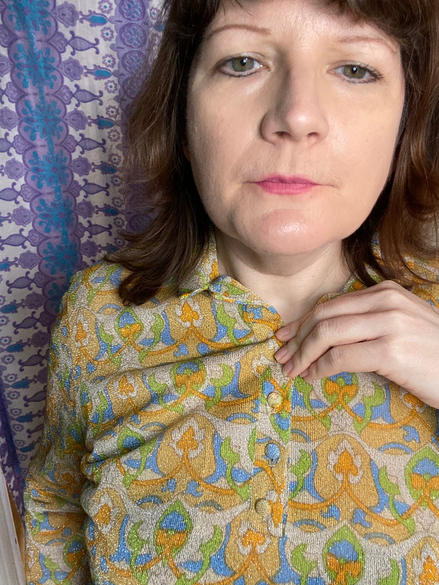 Vintage 70s 80s Luisa Spagnoli Perugia sparkly Lurex print blouse size 18 20 yellow green blue
