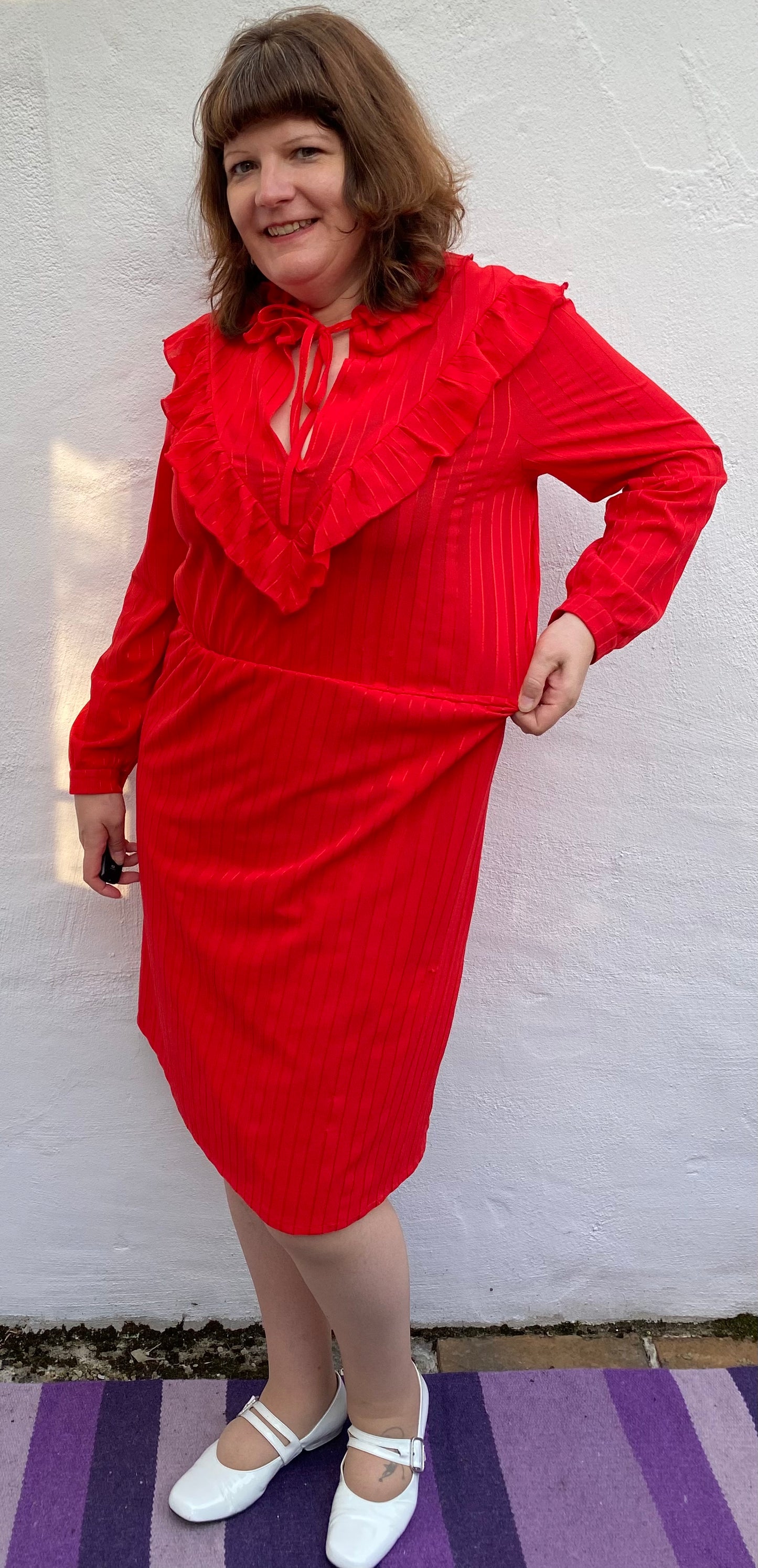 Vintage 80s red polyester frill dress with long sleeves size 14 16