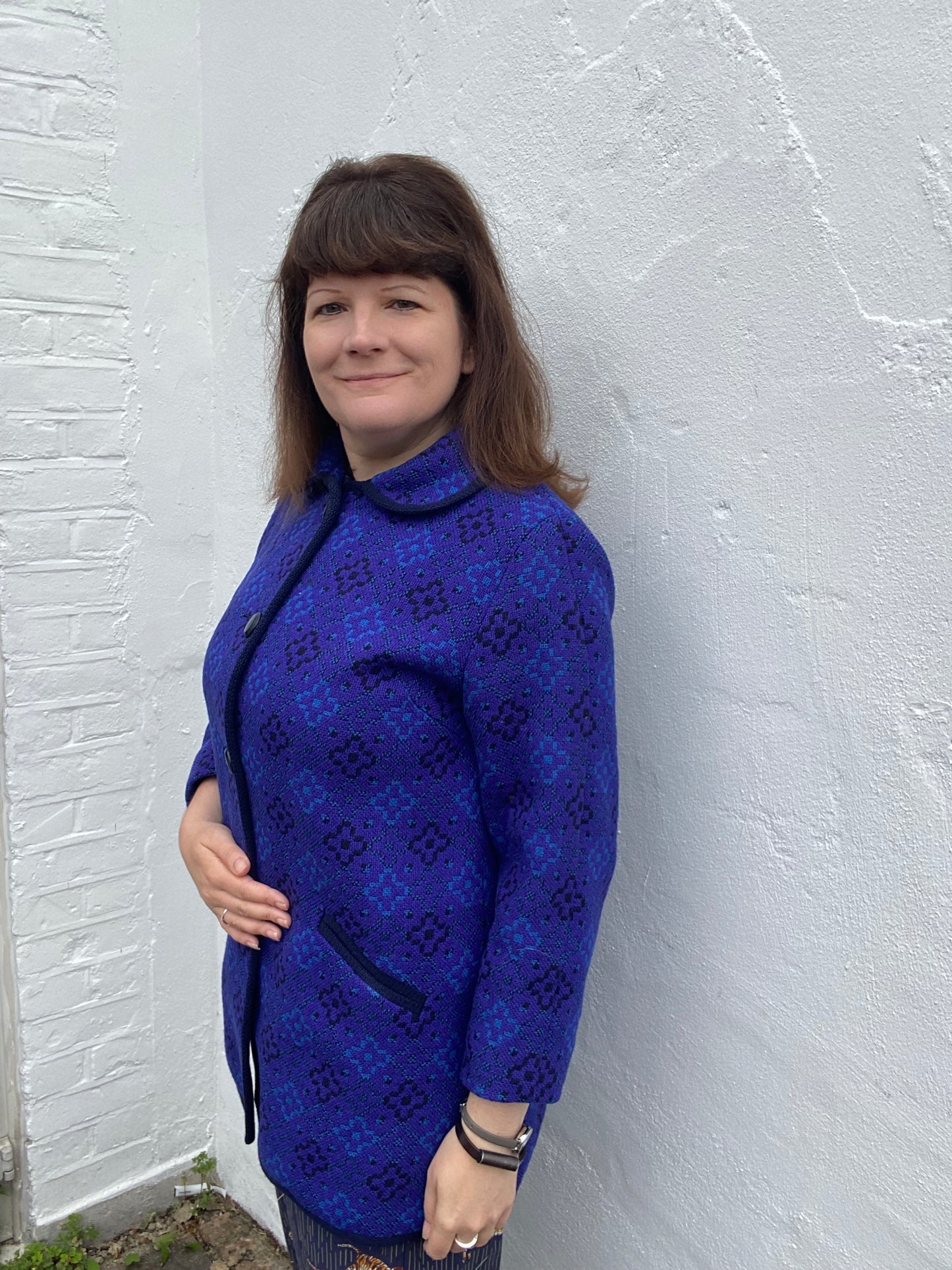Vintage Welsh Wool Tapestry Pea coat jacket purple blue size14 Reseta geometric print pockets