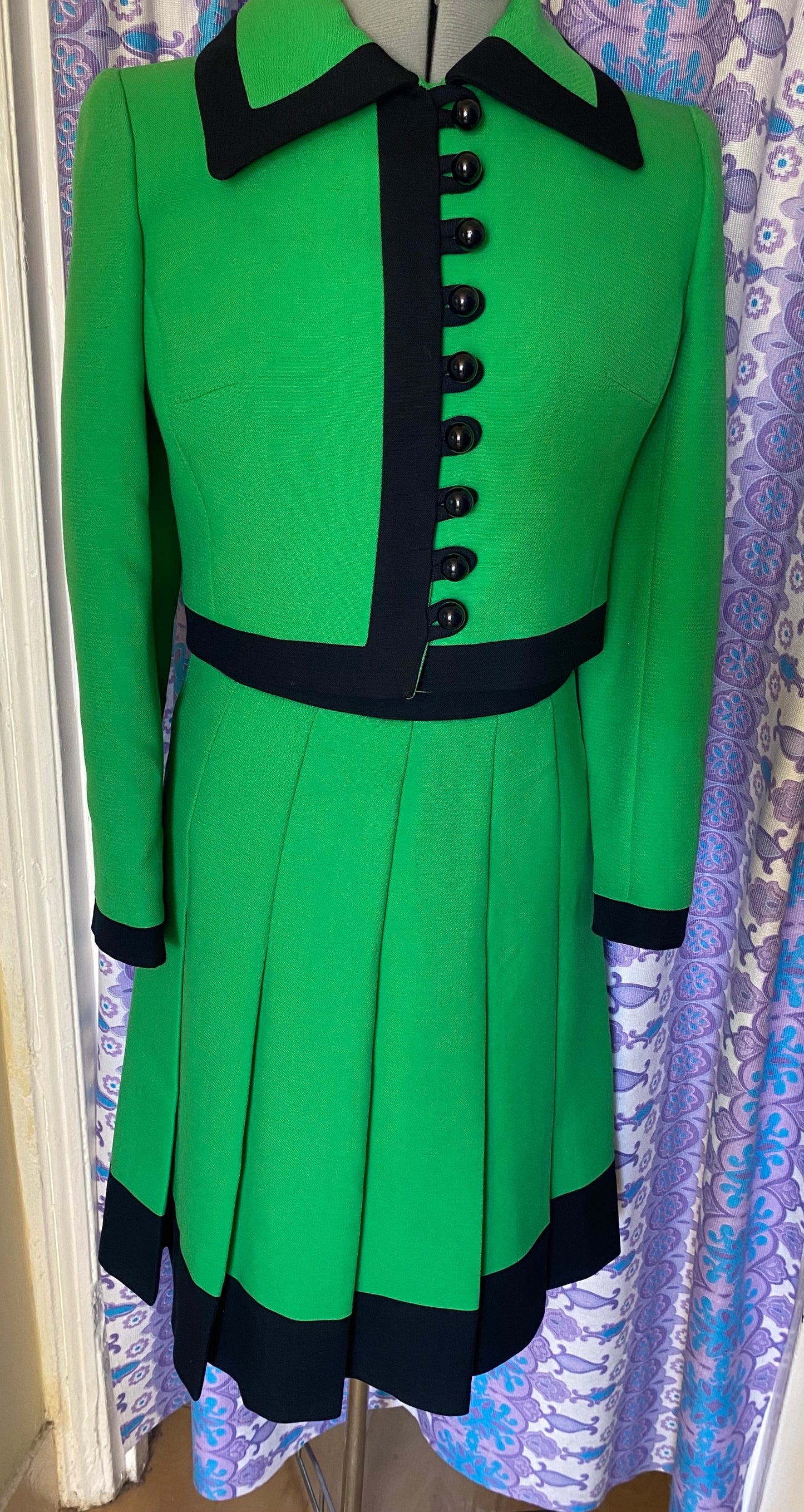Vintage Mansfiled green black 60s 70s jacket dress suit two piece wool size 8 10