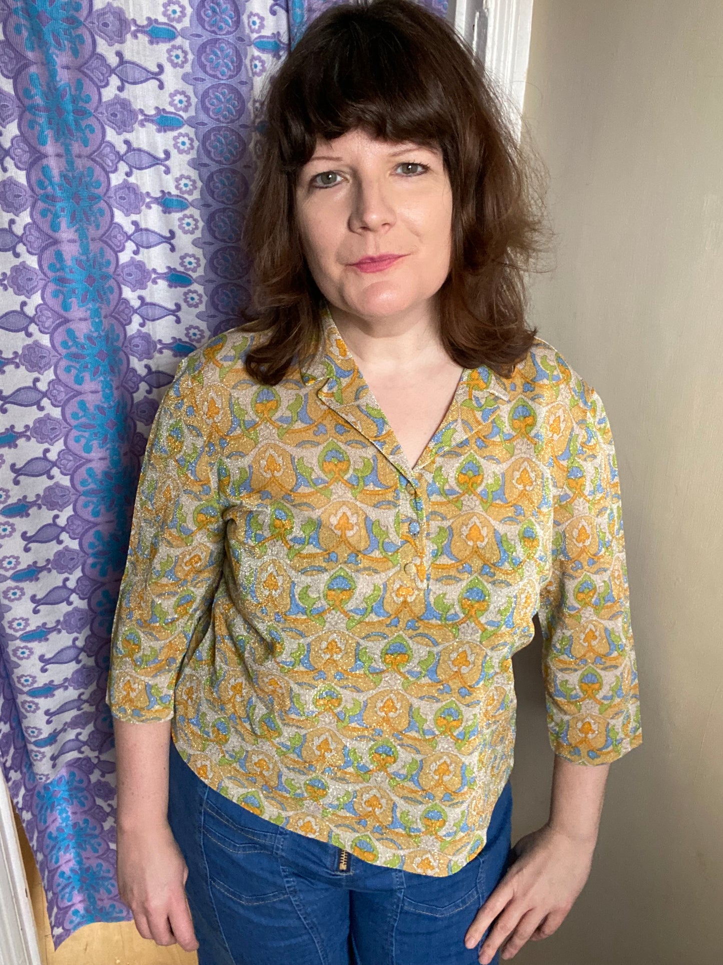 Vintage 70s 80s Luisa Spagnoli Perugia sparkly Lurex print blouse size 18 20 yellow green blue