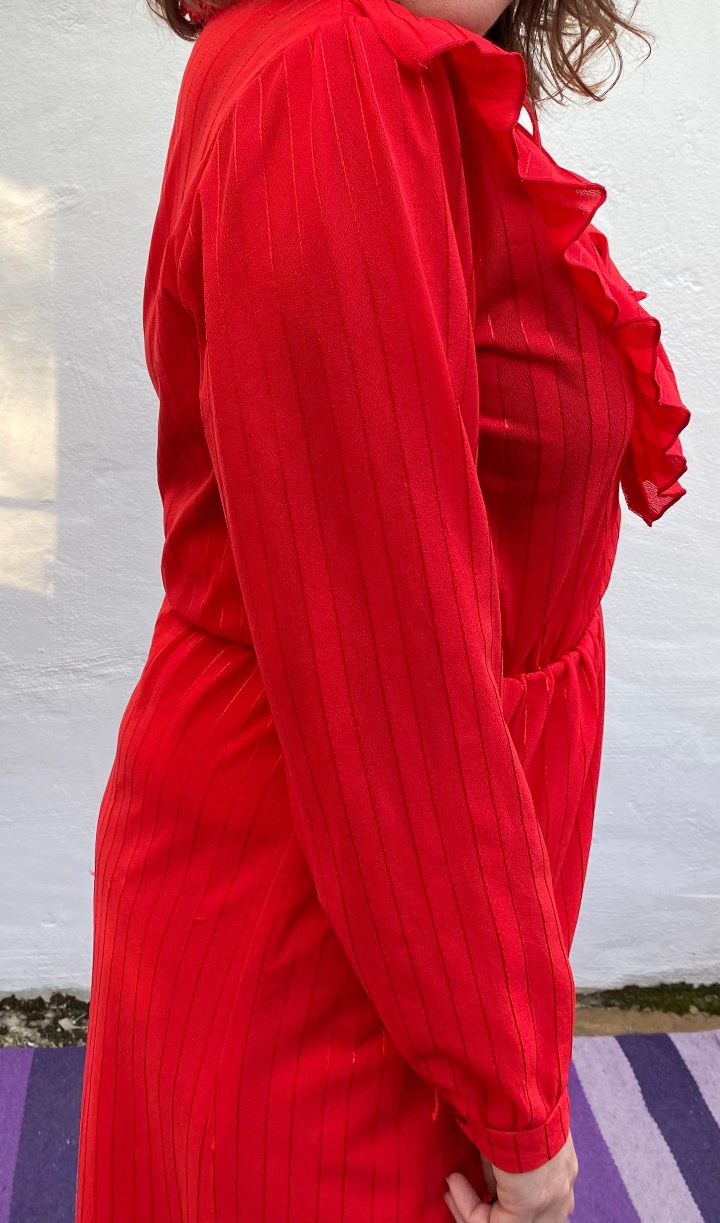 Vintage 80s red polyester frill dress with long sleeves size 14 16
