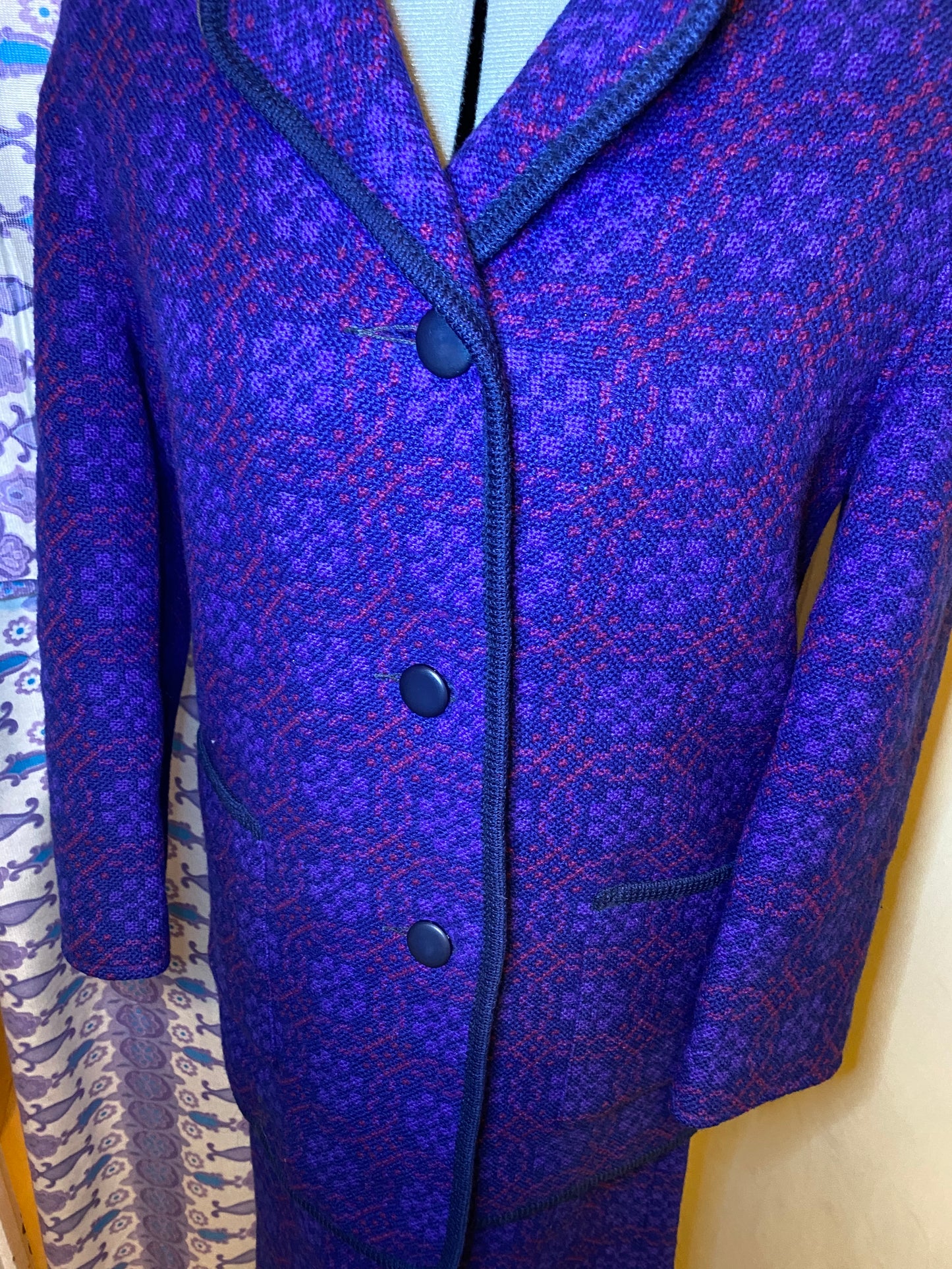 Vintage 60s Welsh wool Tapestry pea coat skirt set suit purple size 12 pockets Eclipse