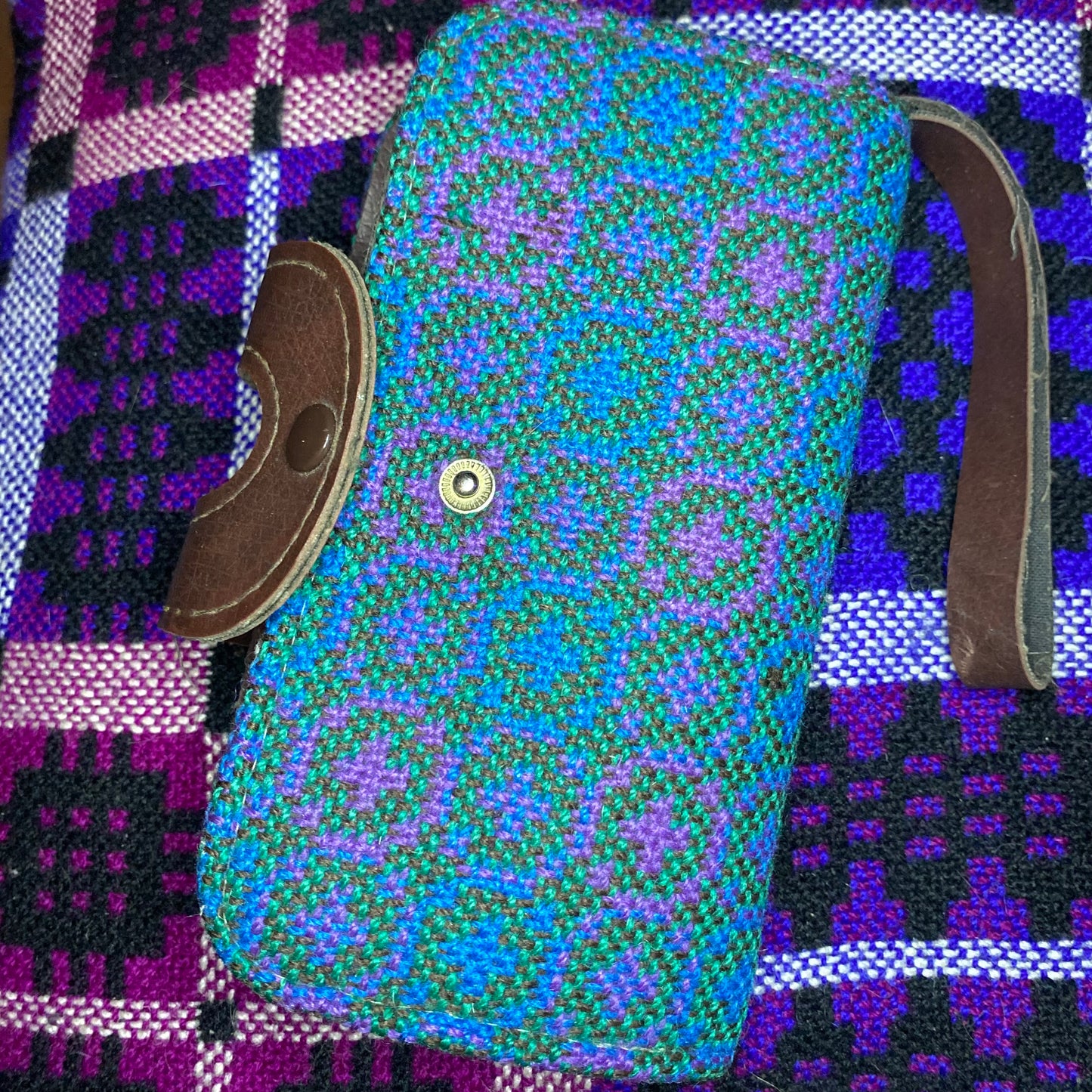 Vintage light Blue pink Leather & Welsh Wool Tapestry Clutch purse large