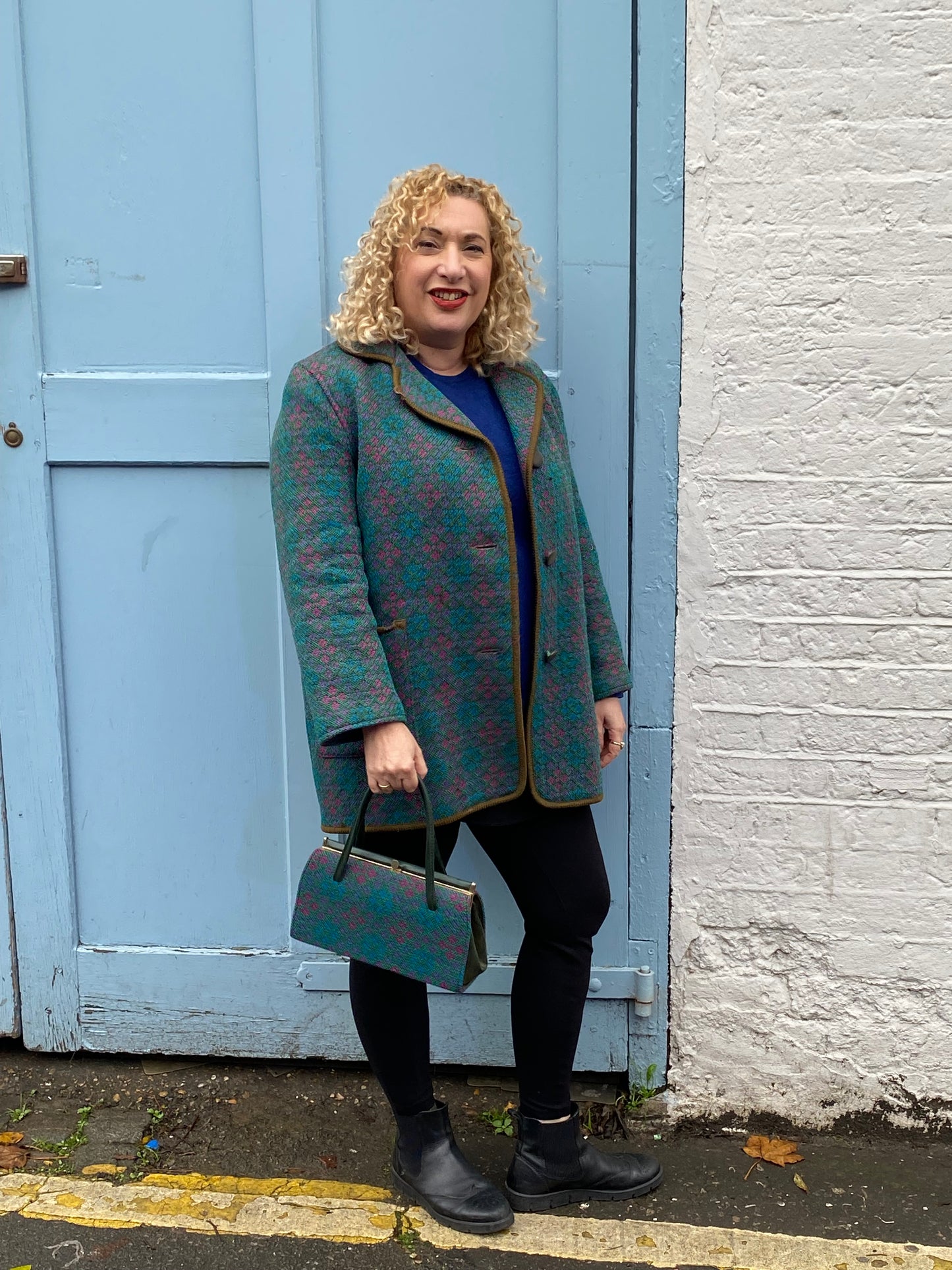 Vintage 60s Welsh wool Tapestry pea coat green pink print size 12 pockets