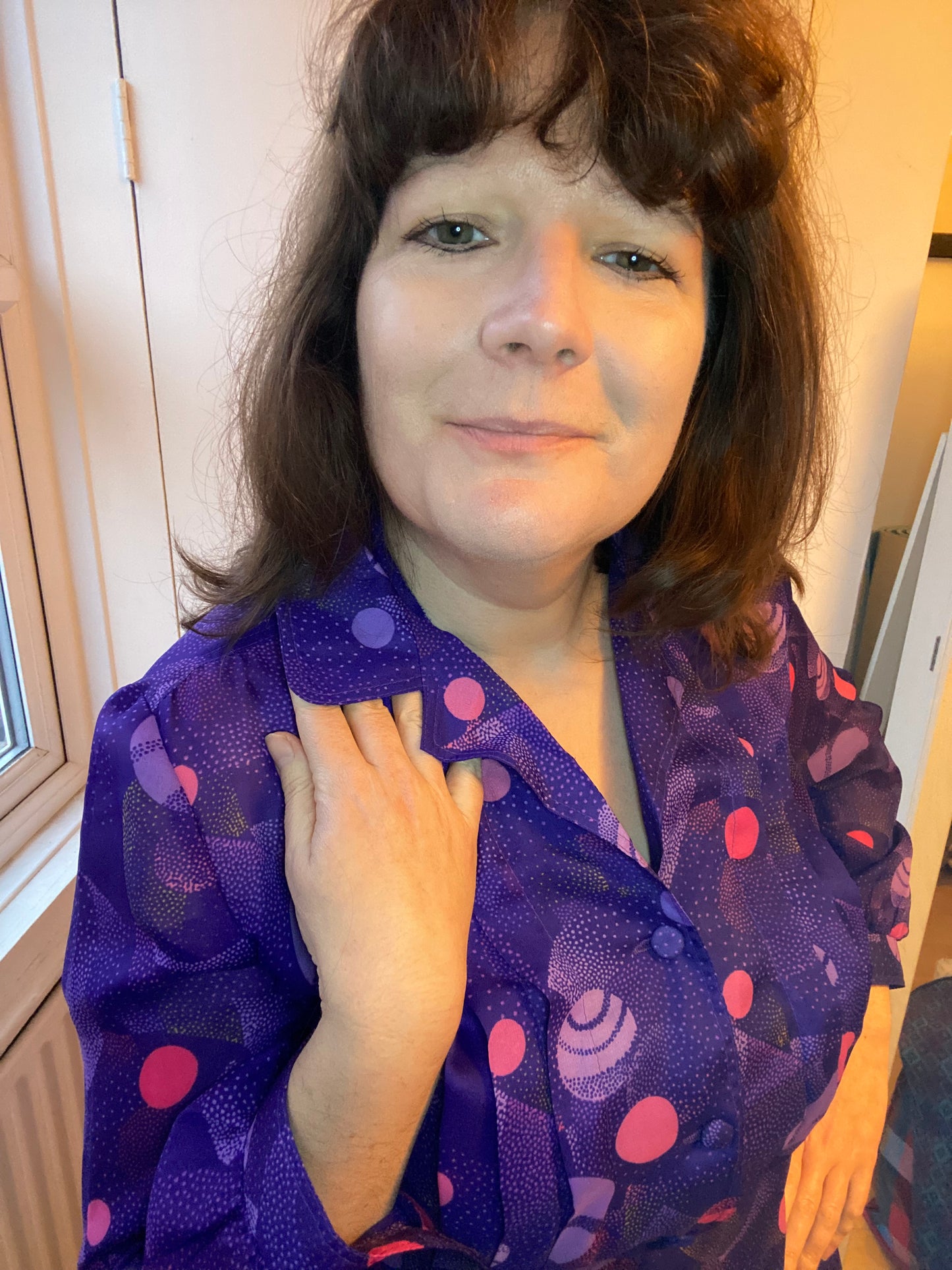 Vintage Diolen 70s purple print mini dress size 16 polyester long sleeves