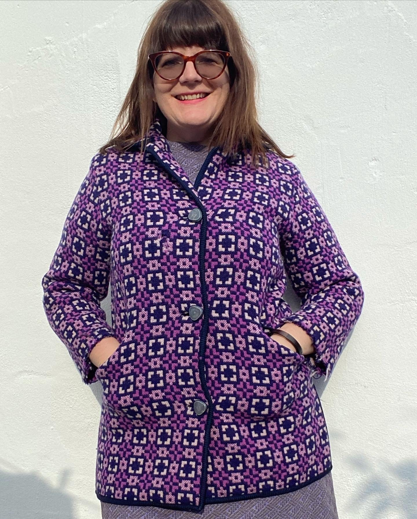 Vintage 60s Welsh wool Tapestry pea coat purple geometric print size 12 pockets Jon Ro fashions