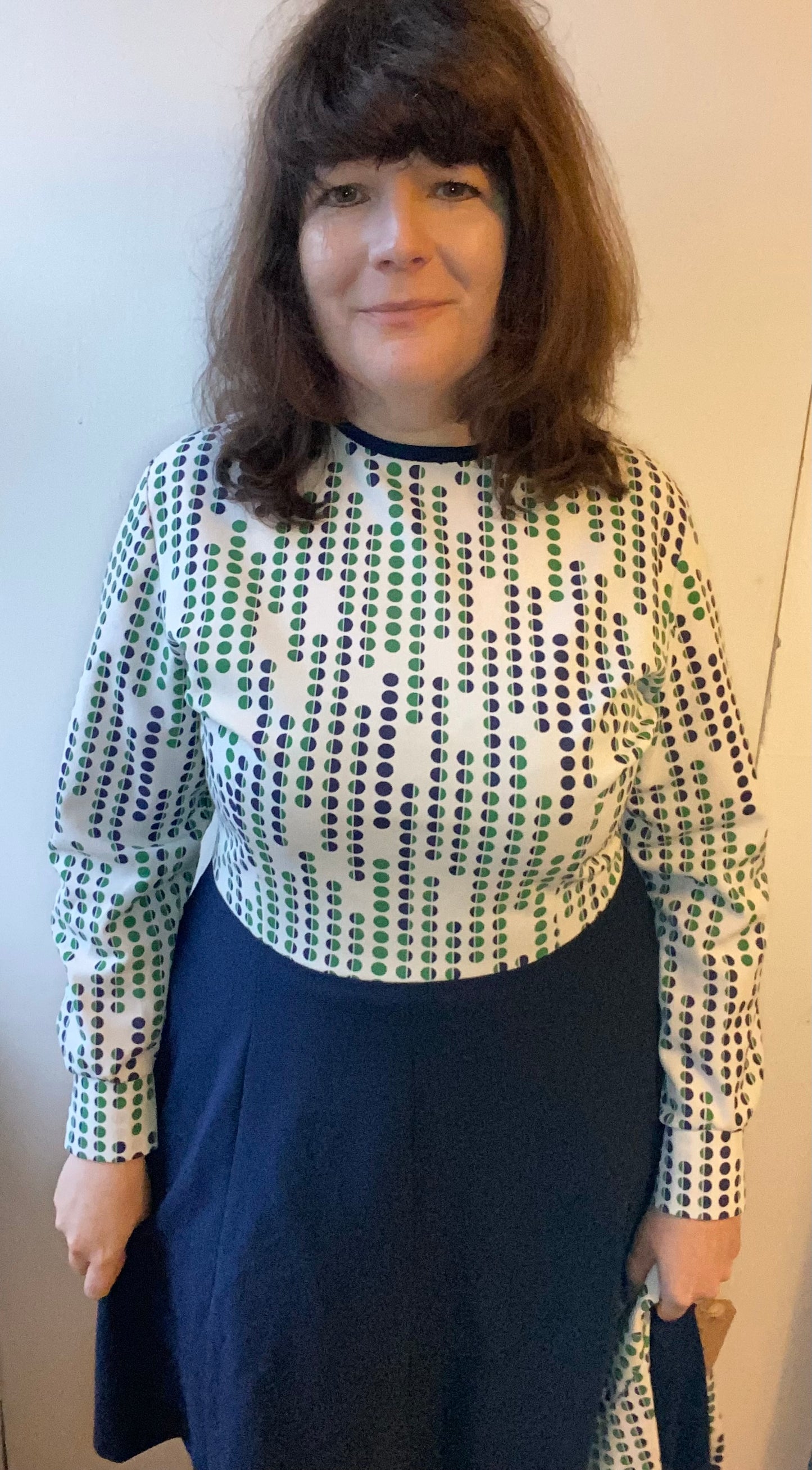 Vintage blue green white C&A 60s 70s waistcoat dress suit two piece polyester size 18 20