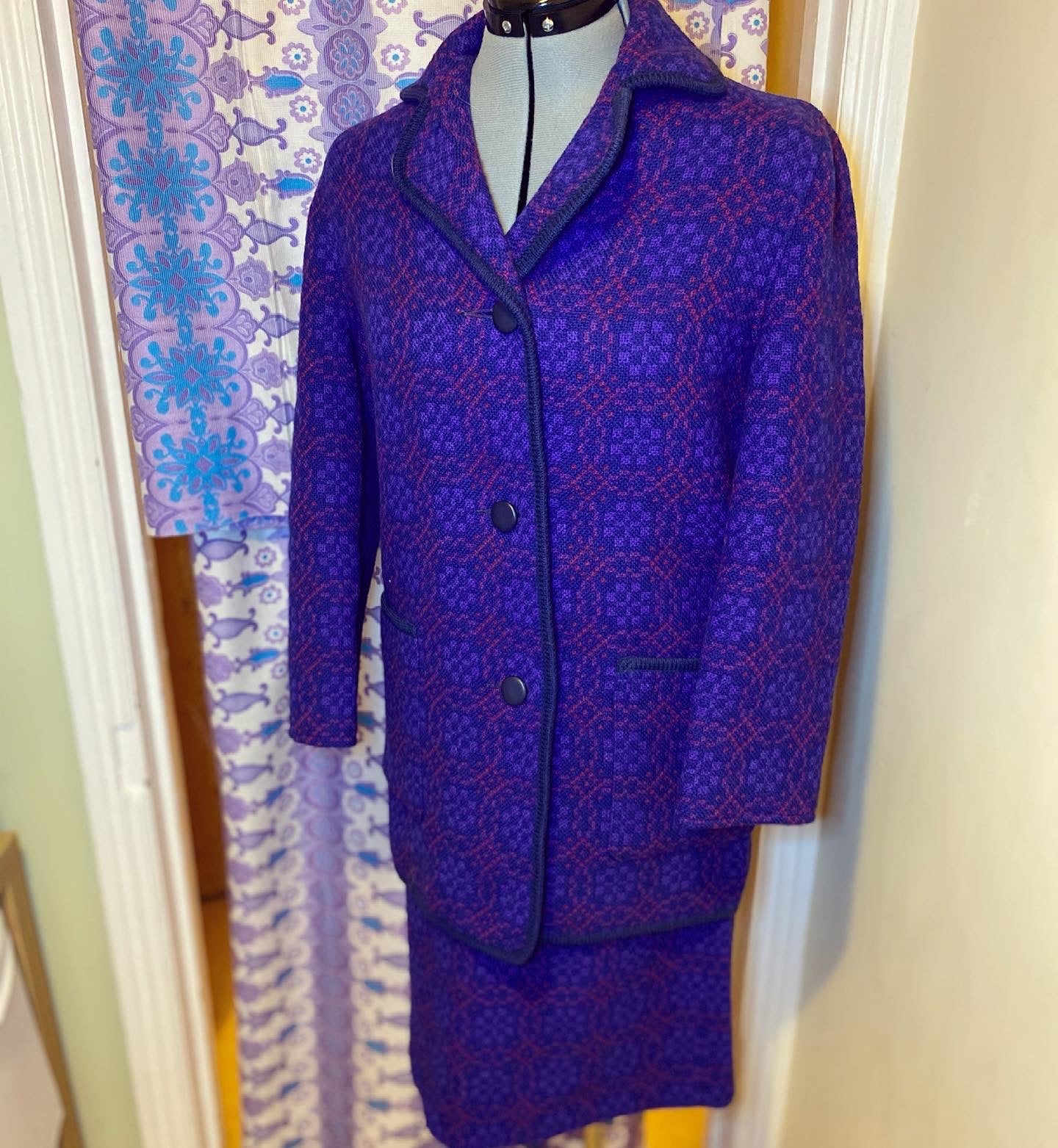 Vintage 60s Welsh wool Tapestry pea coat skirt set suit purple size 12 pockets Eclipse