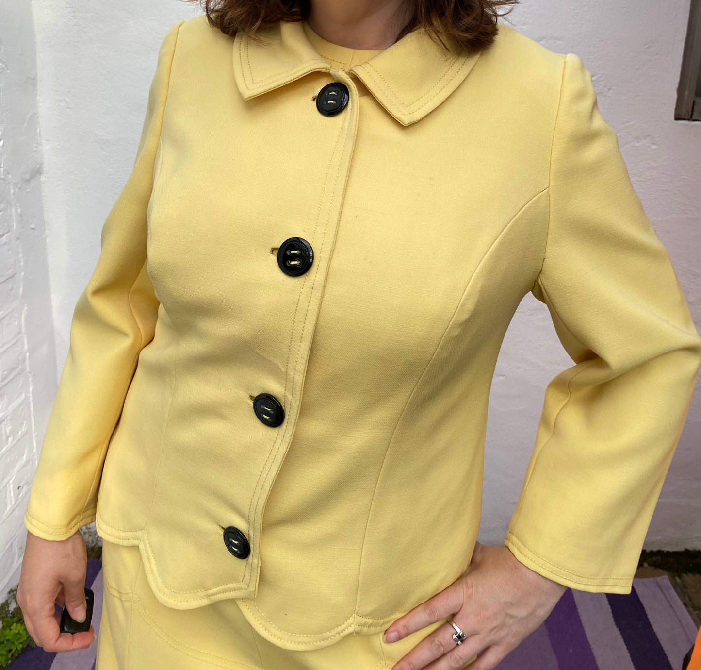 Vintage yellow 60s dress jacket suit black buttons two piece scallop detail handmade no label size 16