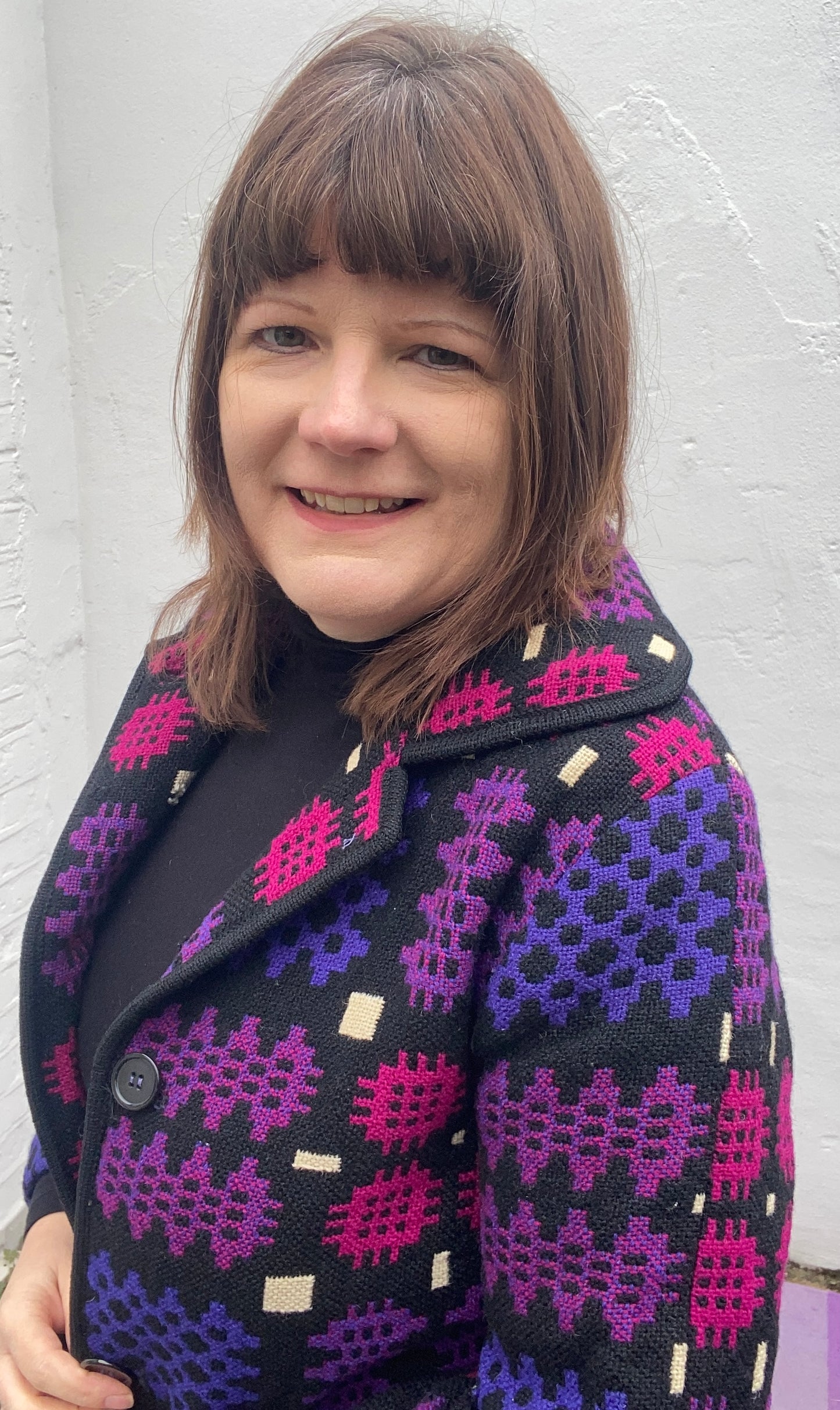 Vintage 60s 70s Welsh Wool Tapestry Jacket portcullis print purple blue white size 10 pockets Jon Ro Fashions