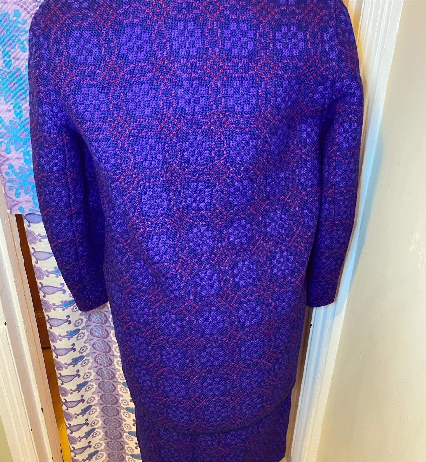 Vintage 60s Welsh wool Tapestry pea coat skirt set suit purple size 12 pockets Eclipse