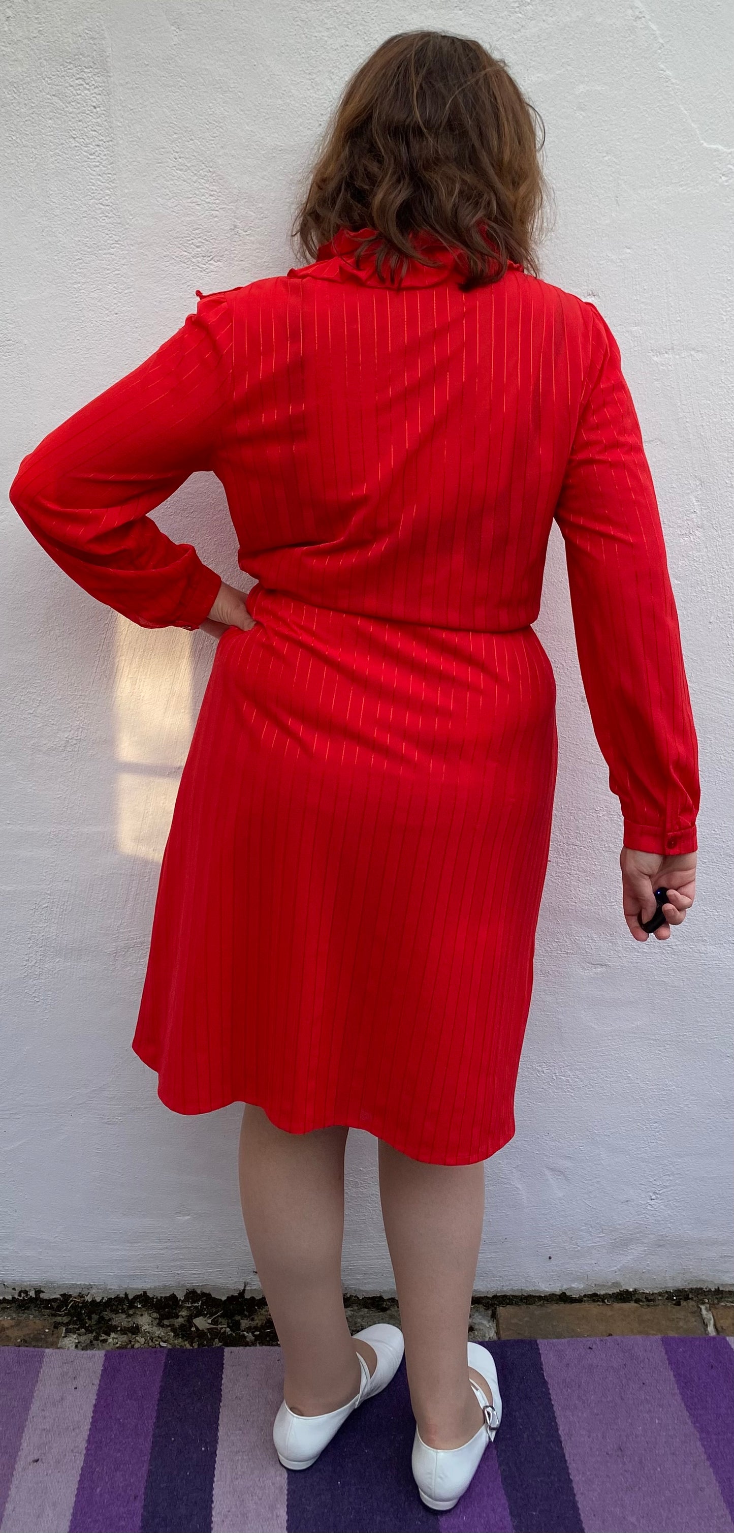Vintage 80s red polyester frill dress with long sleeves size 14 16