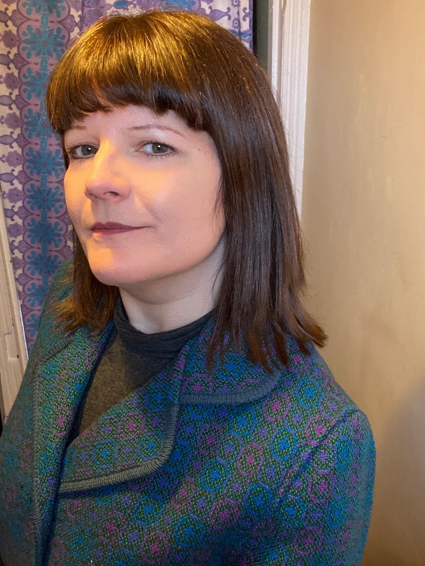 Vintage 60s Welsh wool Tapestry pea coat blue turquoise pink size 14 pockets