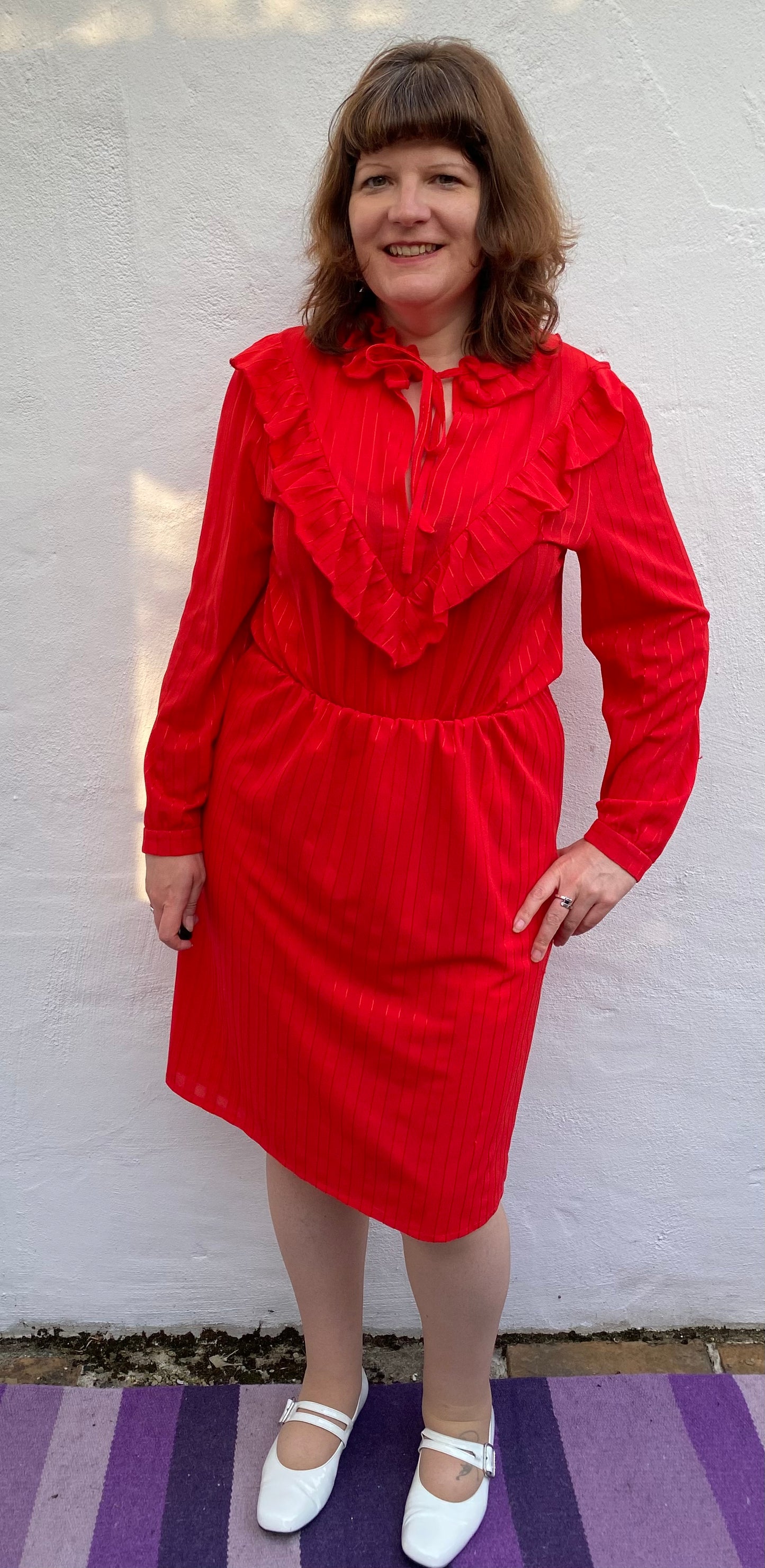 Vintage 80s red polyester frill dress with long sleeves size 14 16