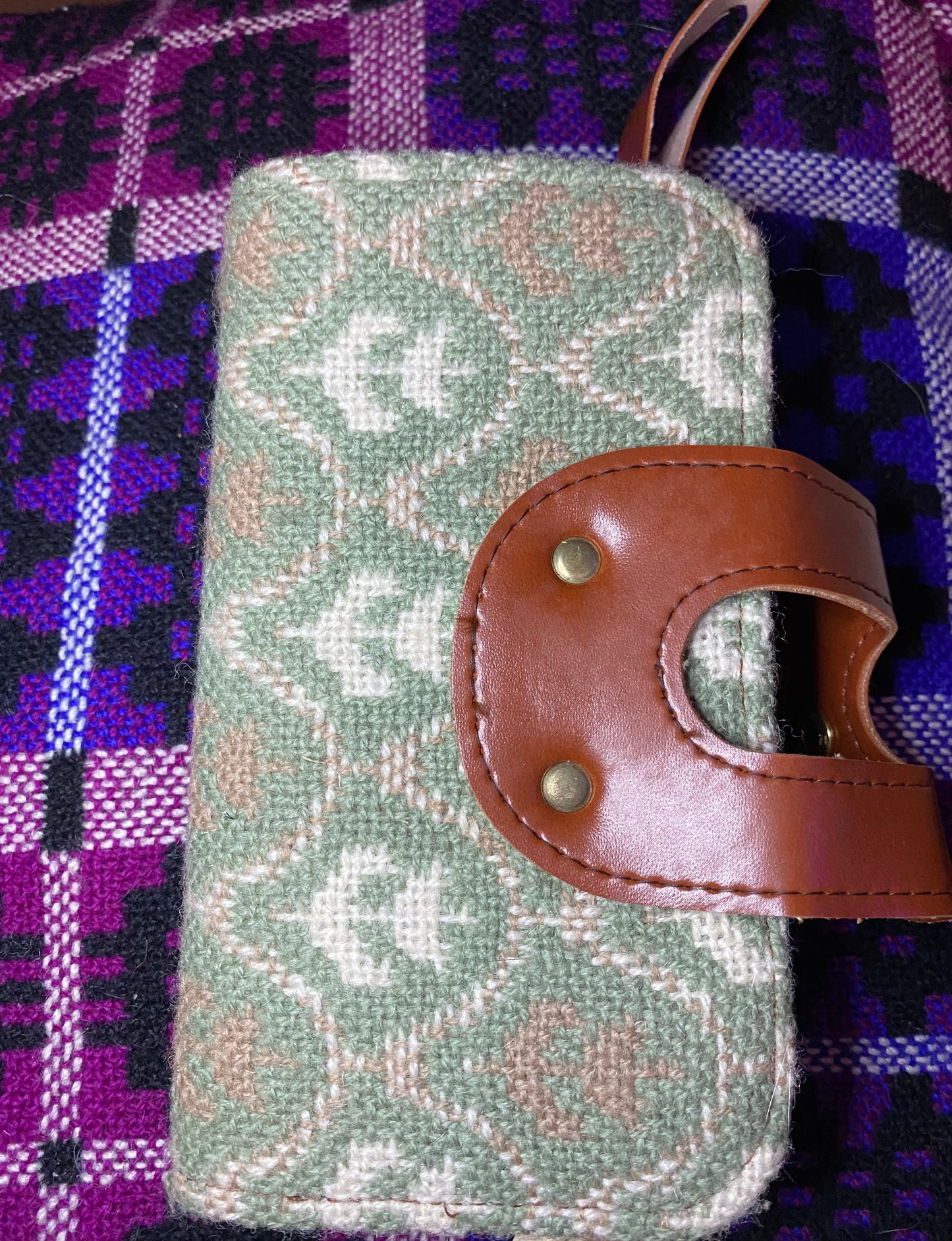 Vintage grey cream Leather & Welsh Wool Tapestry Clutch purse Brynkir print
