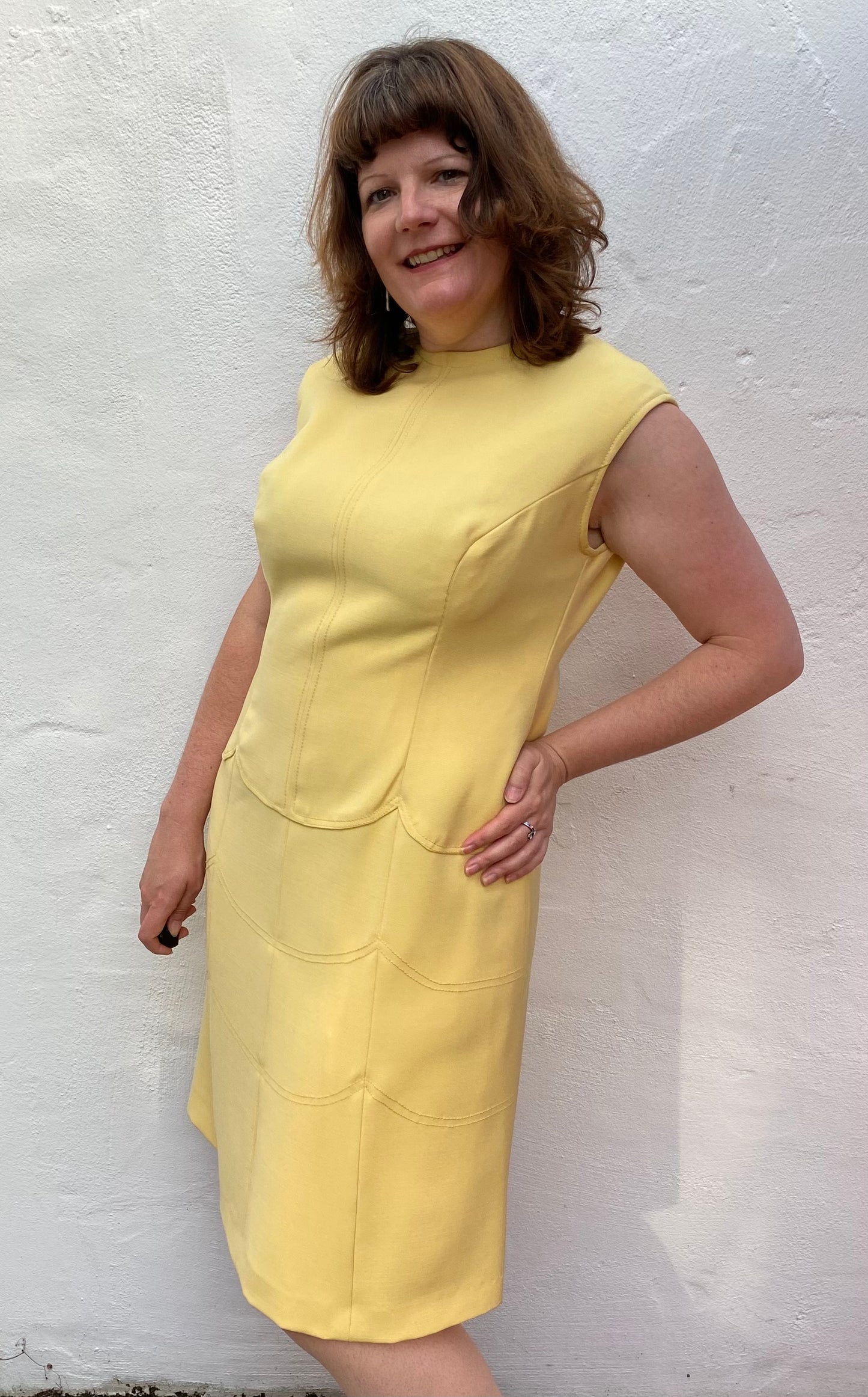 Vintage yellow 60s dress jacket suit black buttons two piece scallop detail handmade no label size 16