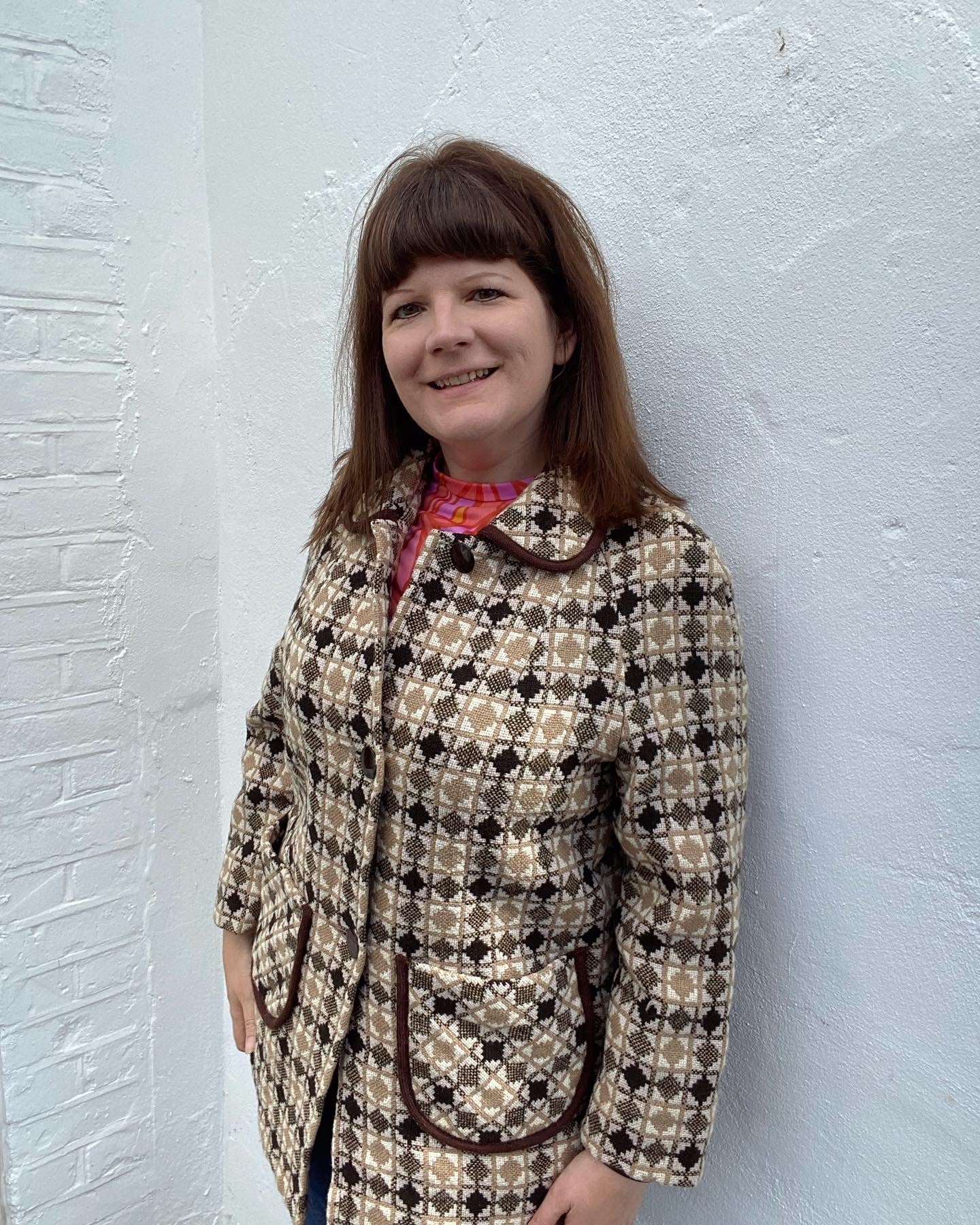 Vintage 60s Welsh wool Tapestry pea coat cream black brown grey size 14