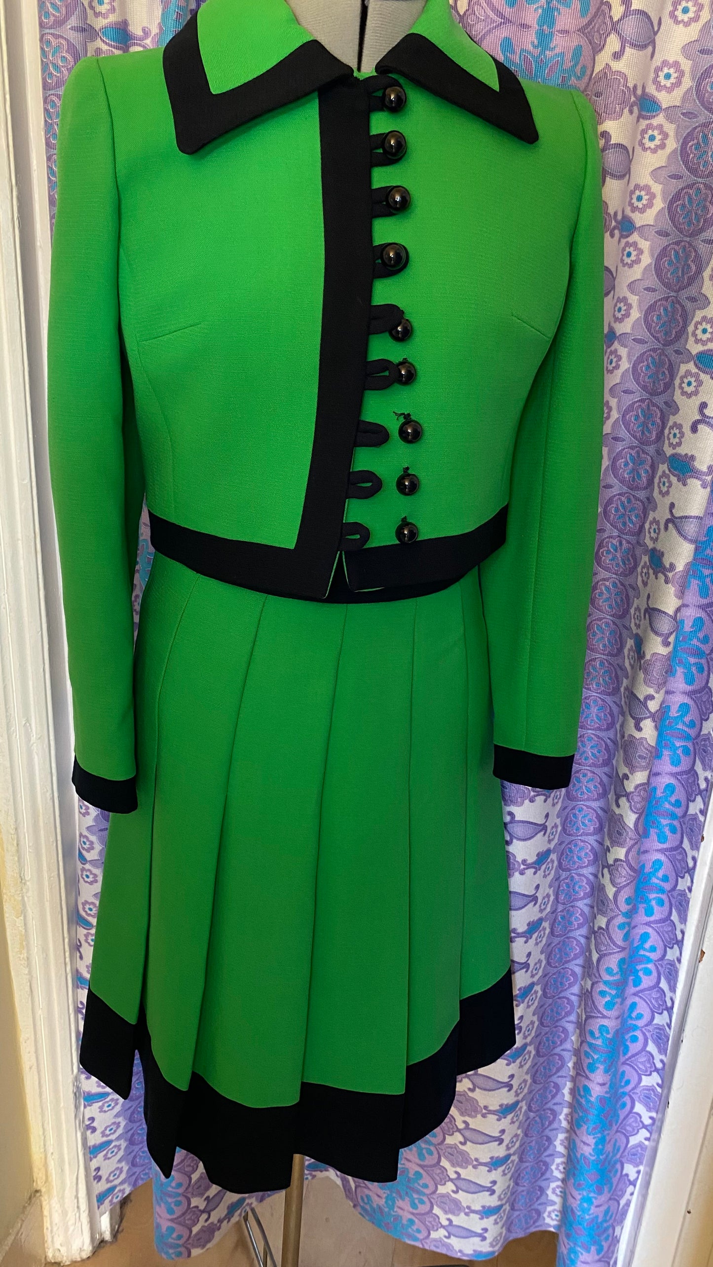Vintage Mansfiled green black 60s 70s jacket dress suit two piece wool size 8 10
