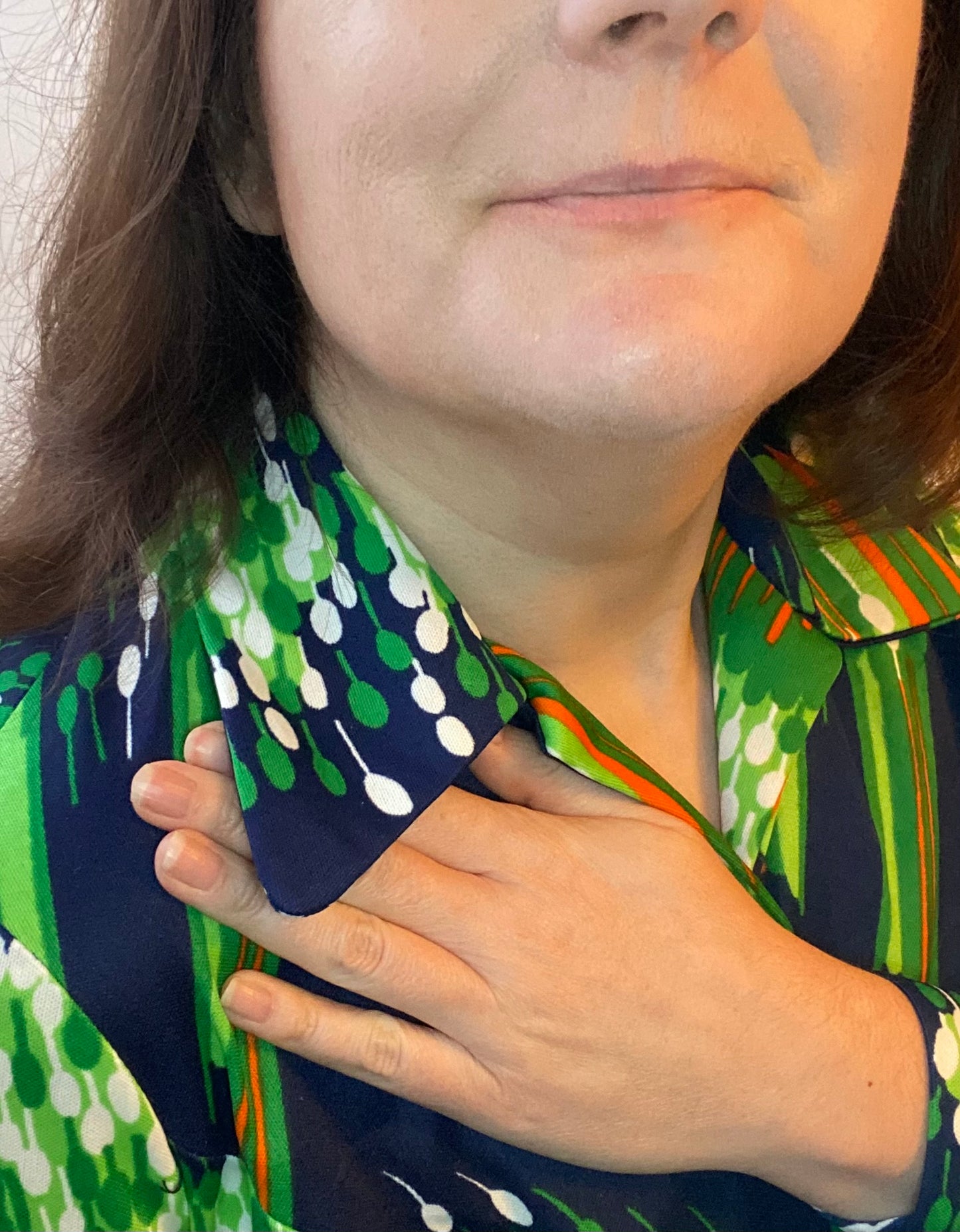 Vintage Melwine of Miami 70s blue green white print shirt dress size 16 polyester long sleeves