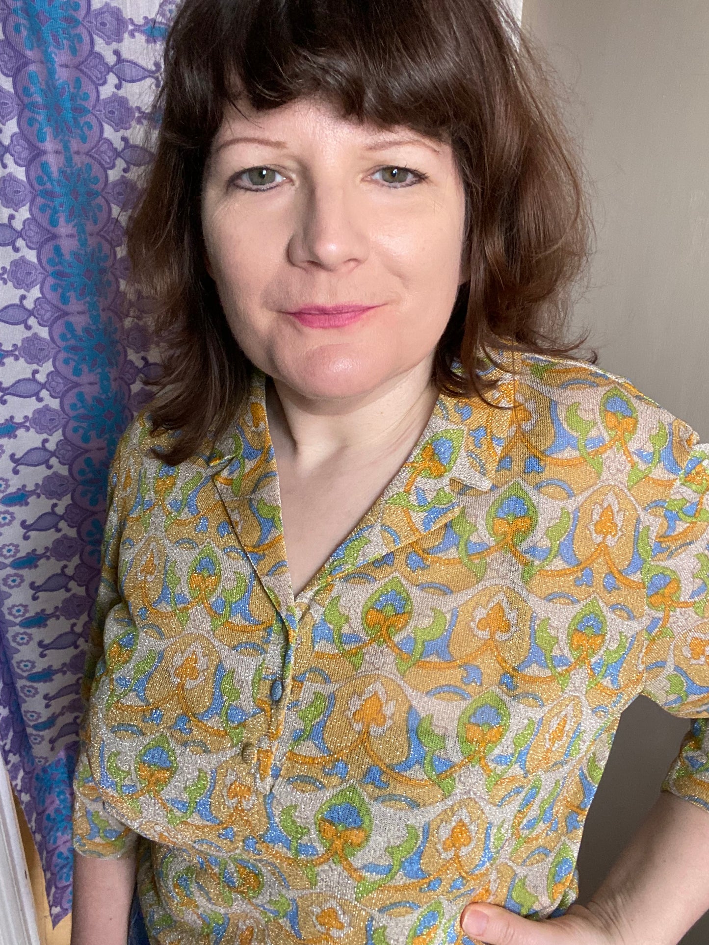 Vintage 70s 80s Luisa Spagnoli Perugia sparkly Lurex print blouse size 18 20 yellow green blue