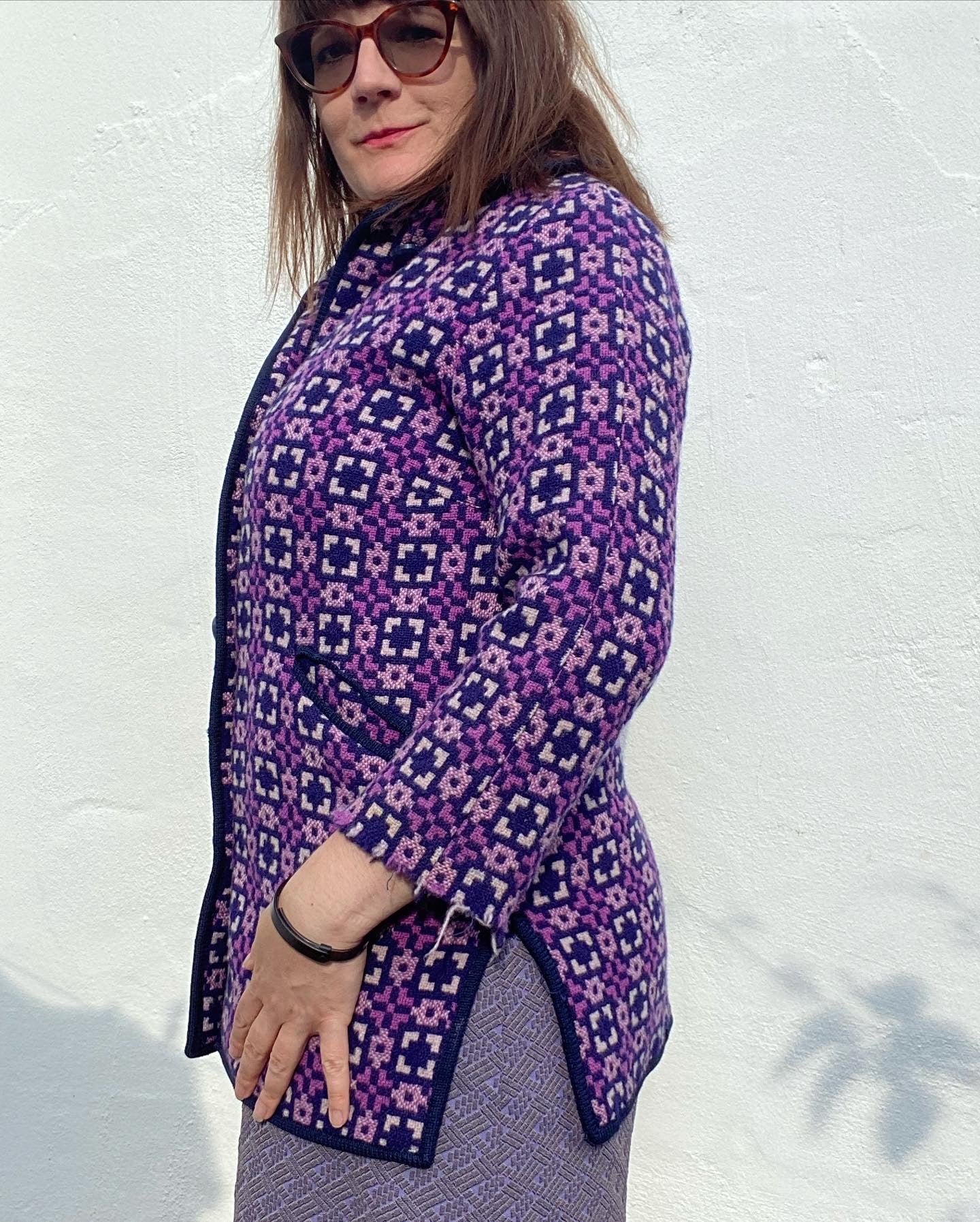 Vintage 60s Welsh wool Tapestry pea coat purple geometric print size 12 pockets Jon Ro fashions