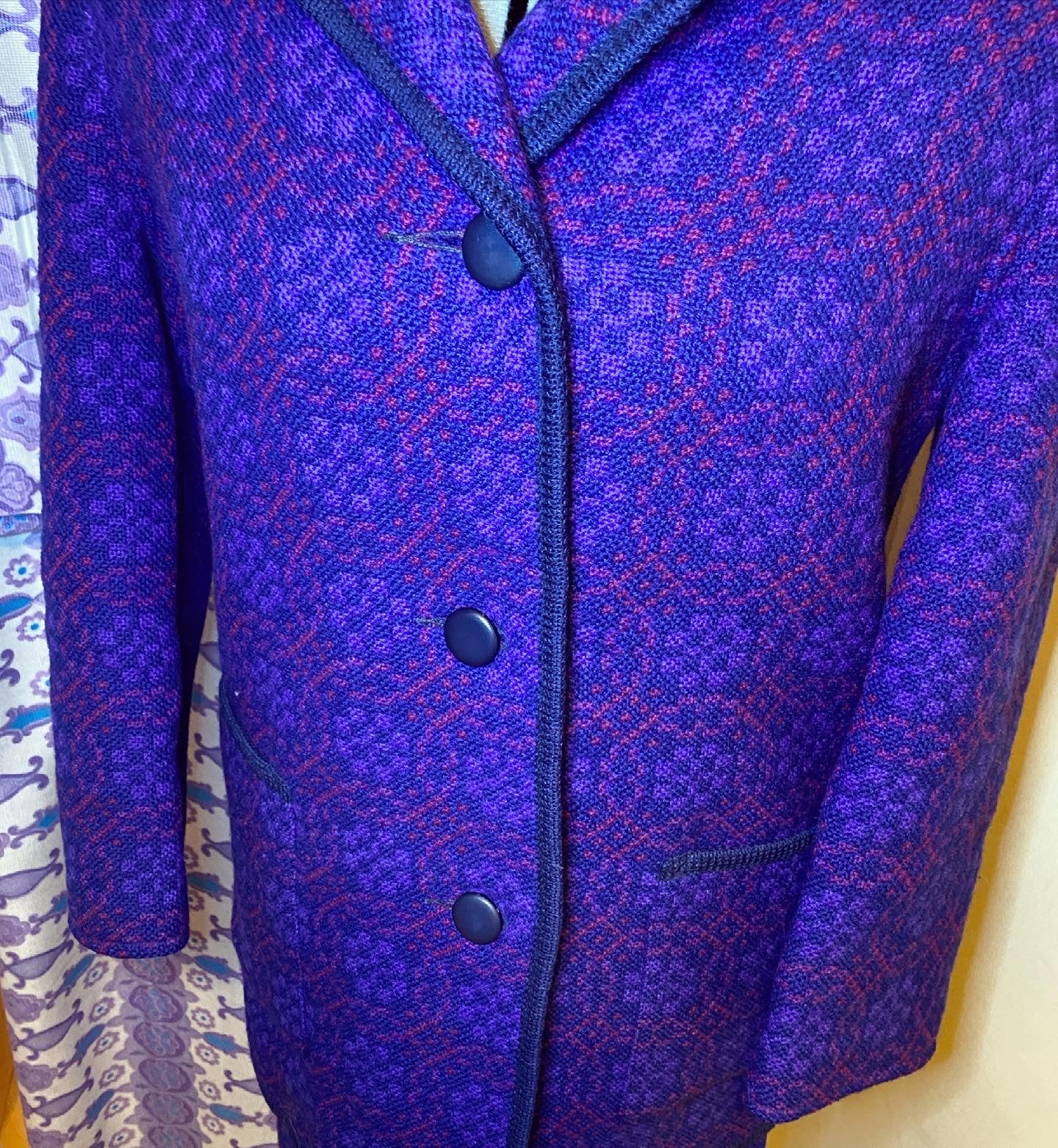 Vintage 60s Welsh wool Tapestry pea coat skirt set suit purple size 12 pockets Eclipse