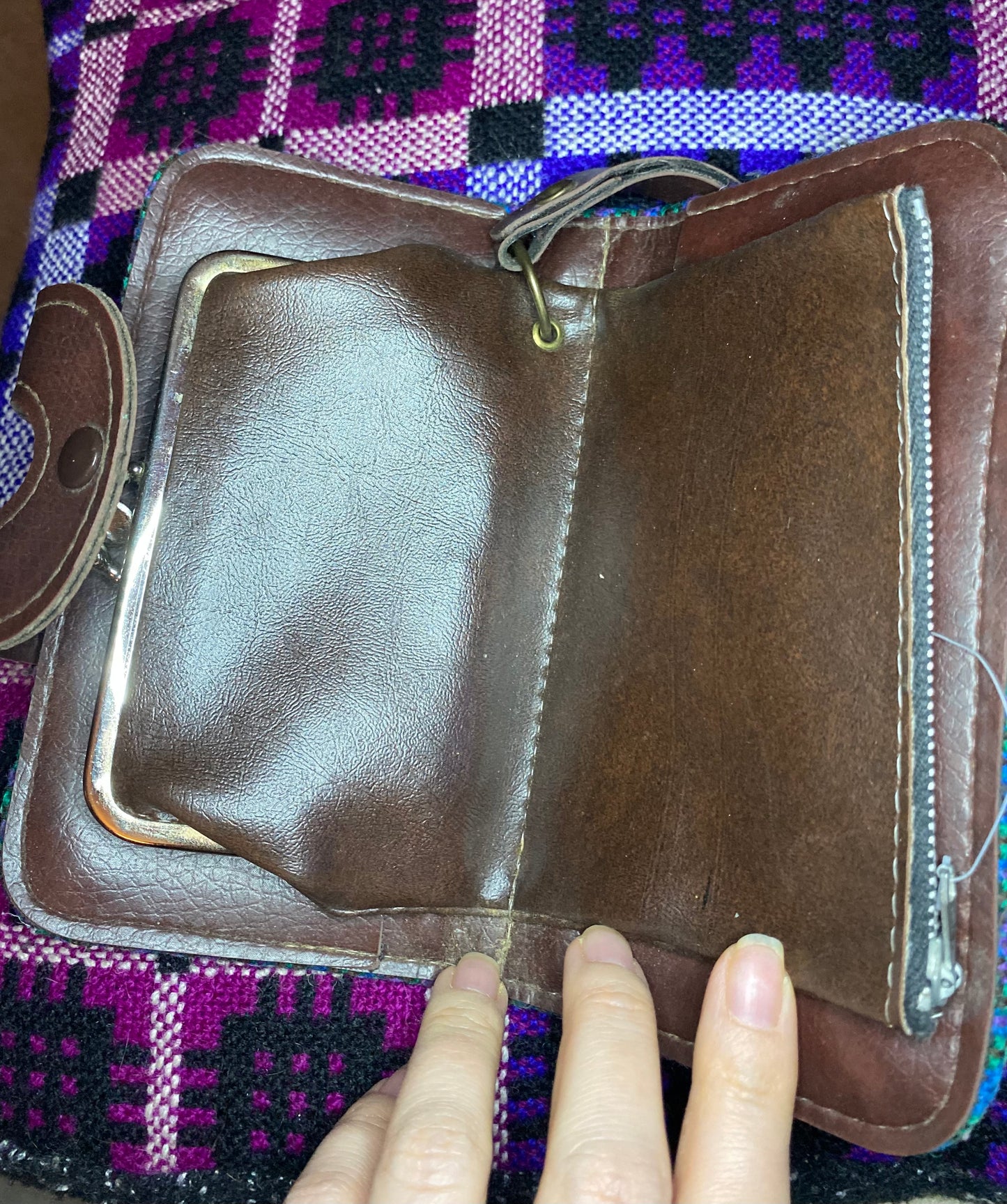 Vintage light Blue pink Leather & Welsh Wool Tapestry Clutch purse large