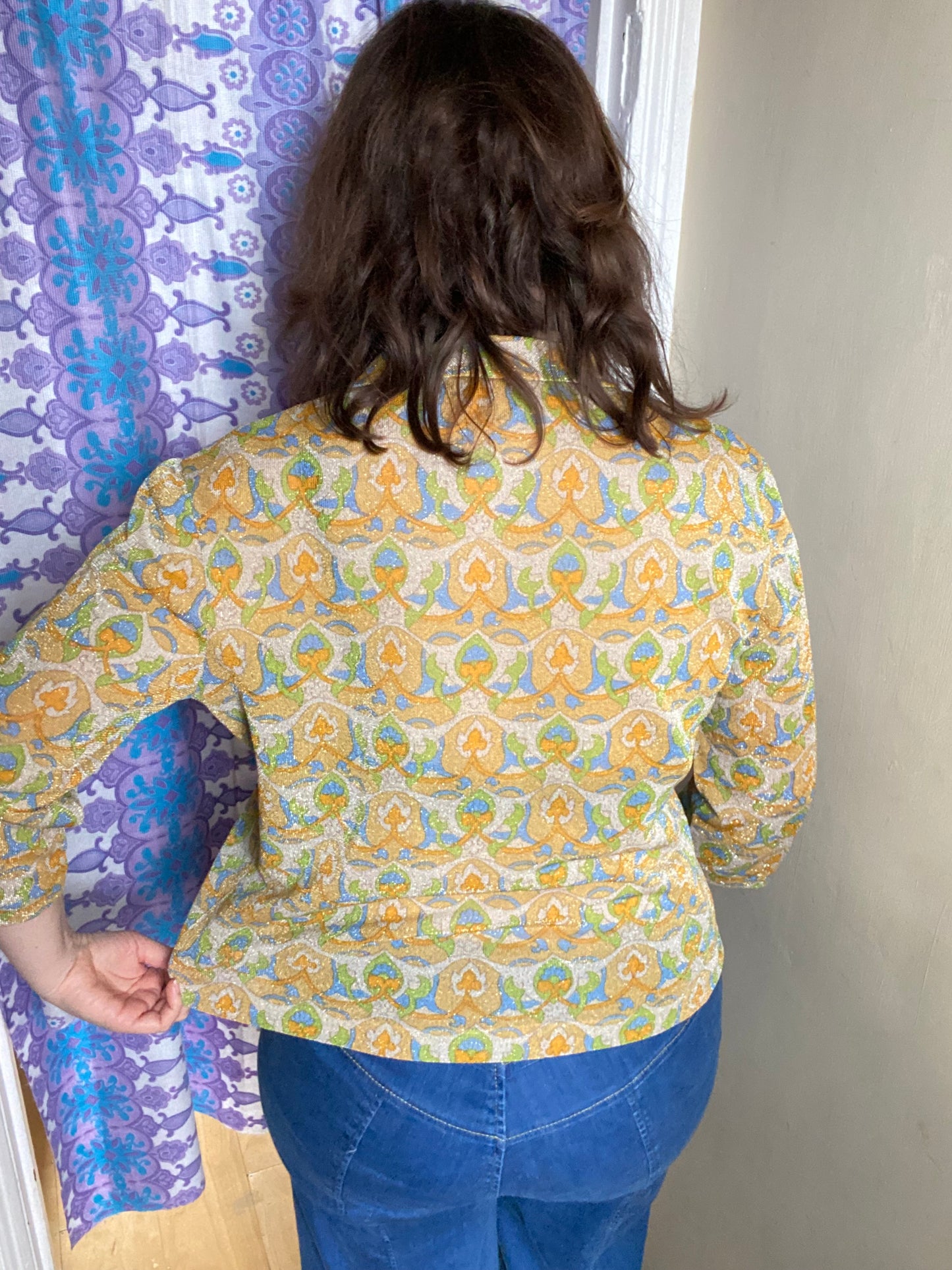 Vintage 70s 80s Luisa Spagnoli Perugia sparkly Lurex print blouse size 18 20 yellow green blue