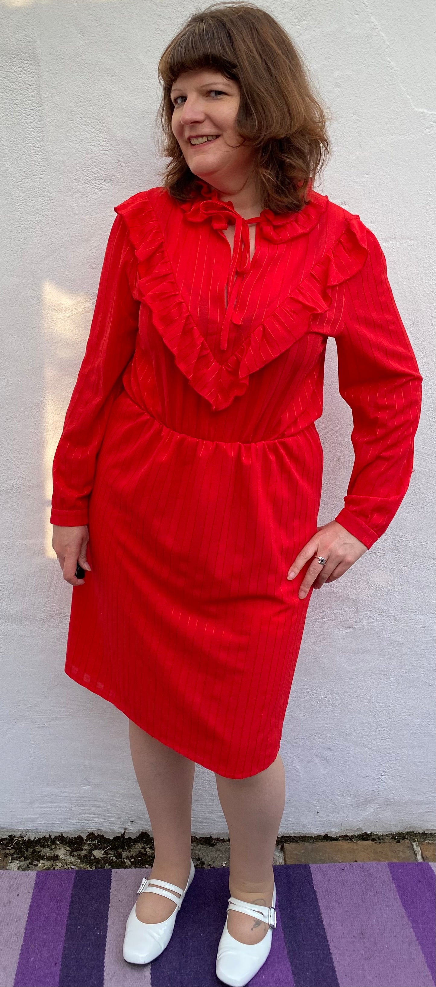 Vintage 80s red polyester frill dress with long sleeves size 14 16