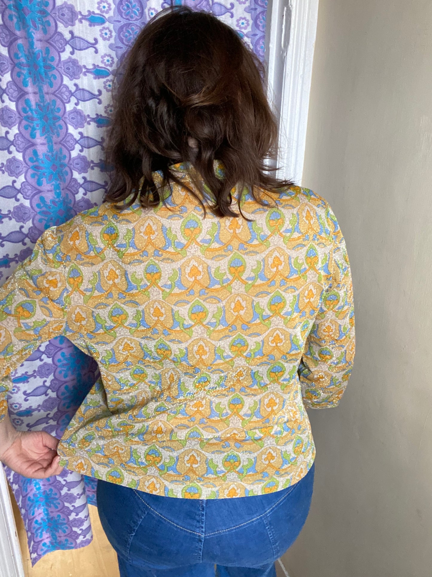 Vintage 70s 80s Luisa Spagnoli Perugia sparkly Lurex print blouse size 18 20 yellow green blue