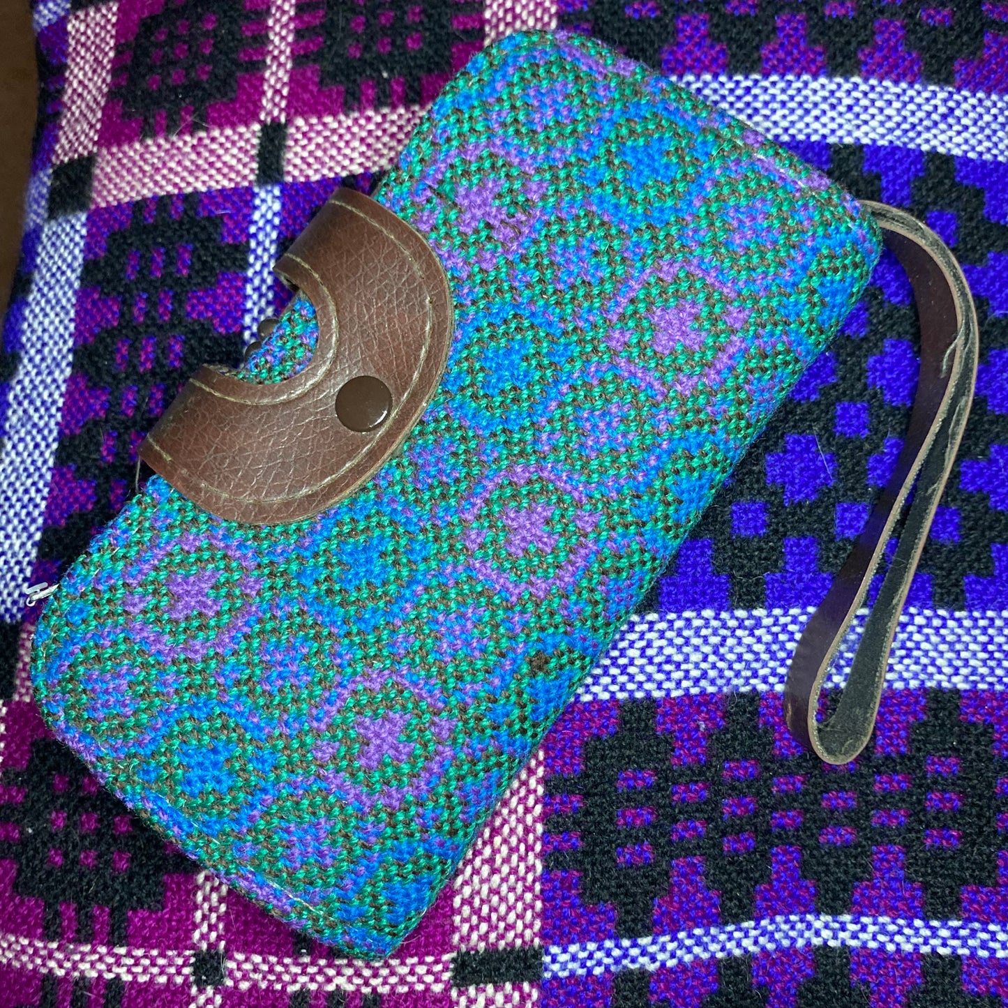 Vintage light Blue pink Leather & Welsh Wool Tapestry Clutch purse large