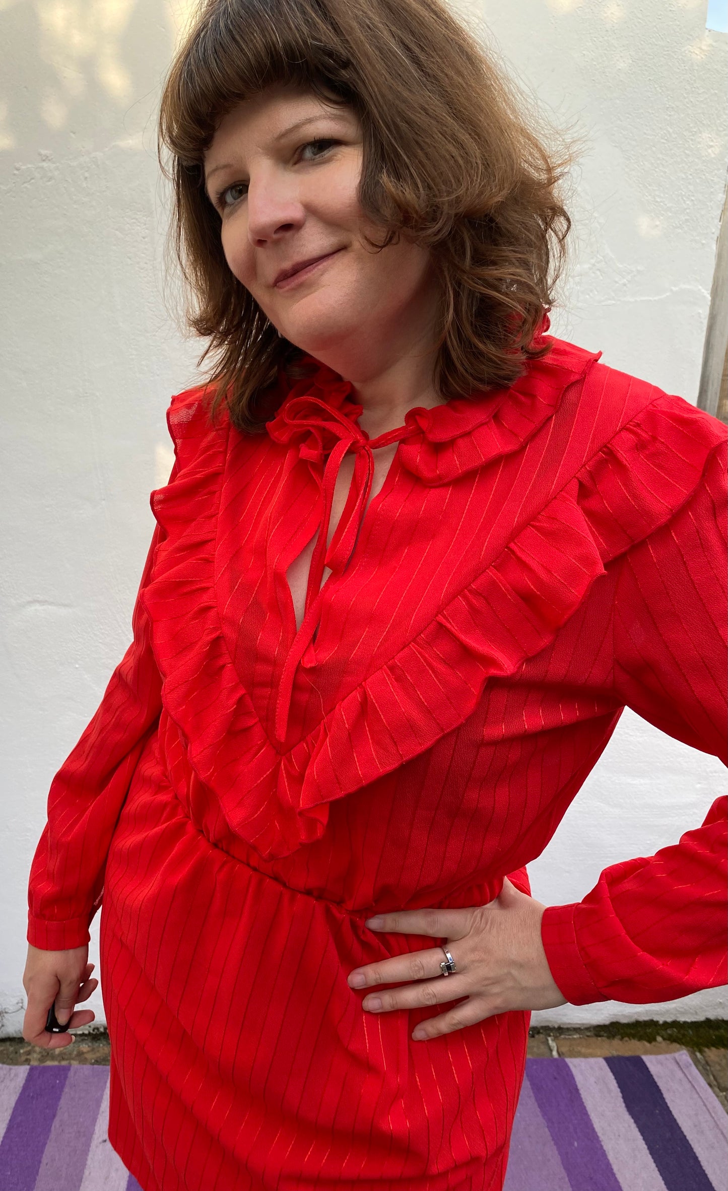Vintage 80s red polyester frill dress with long sleeves size 14 16