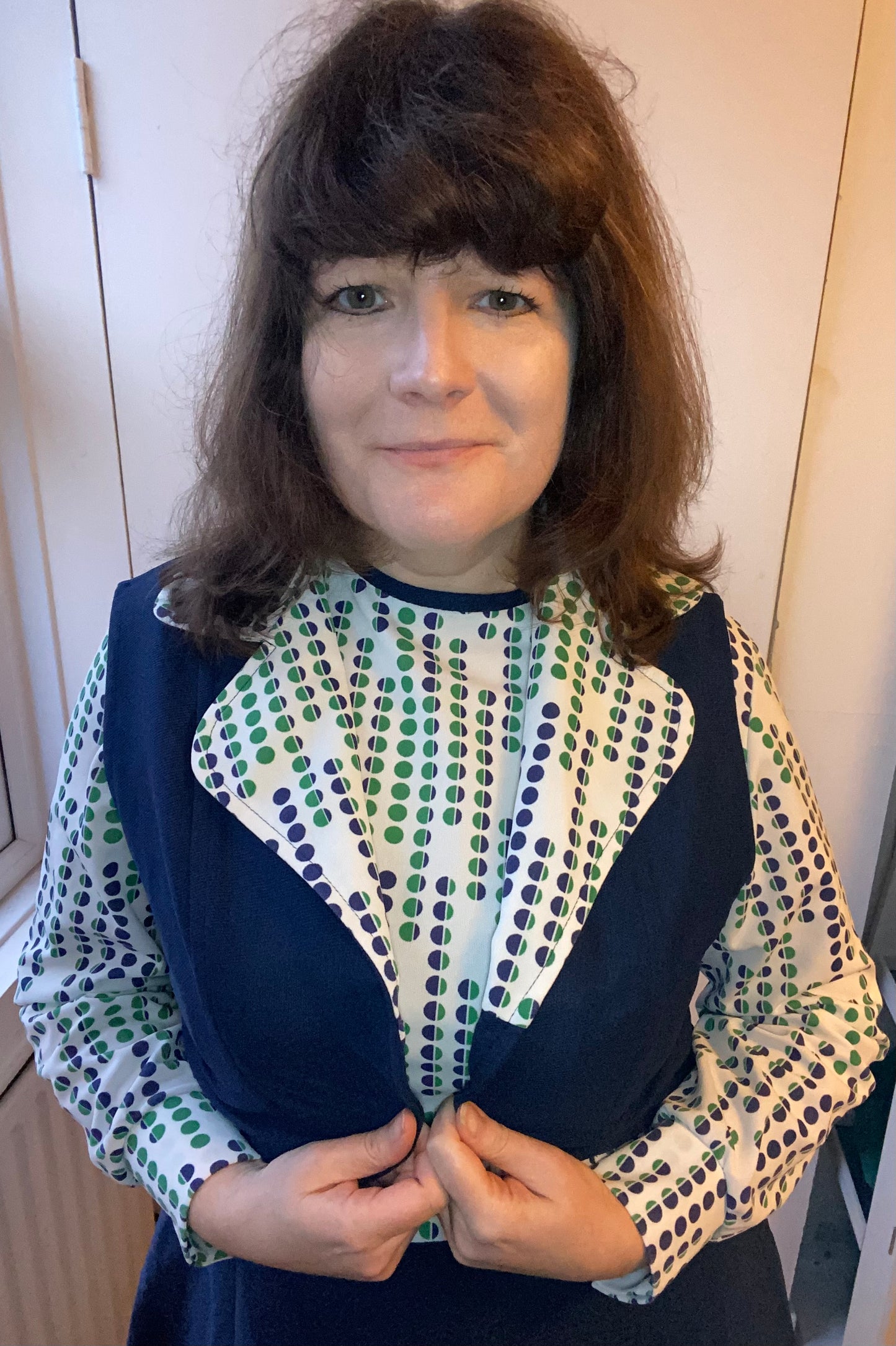Vintage blue green white C&A 60s 70s waistcoat dress suit two piece polyester size 18 20