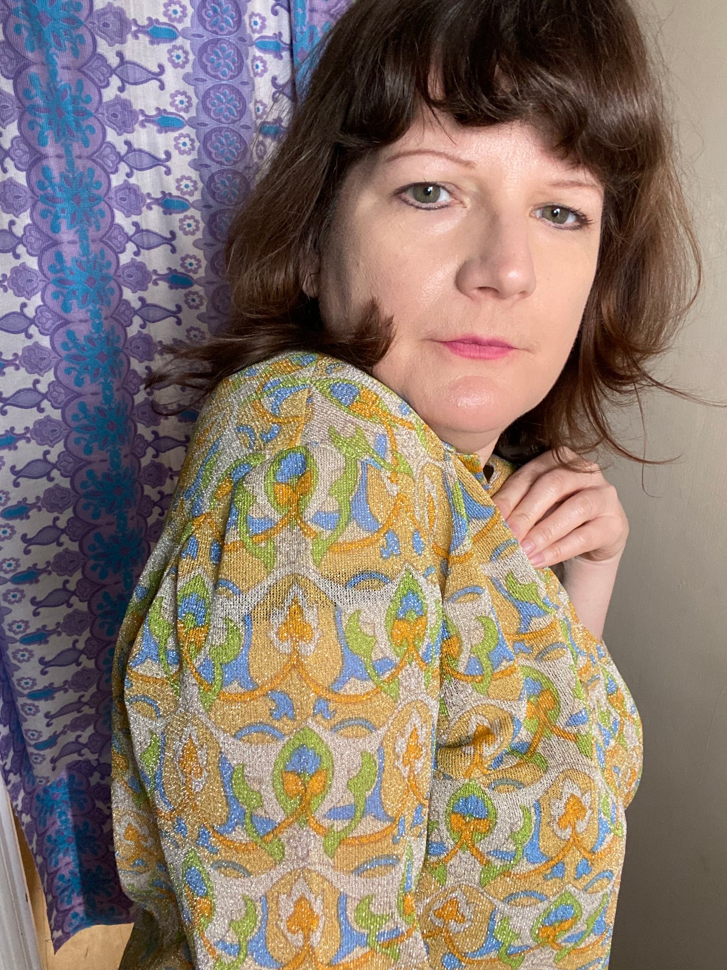 Vintage 70s 80s Luisa Spagnoli Perugia sparkly Lurex print blouse size 18 20 yellow green blue