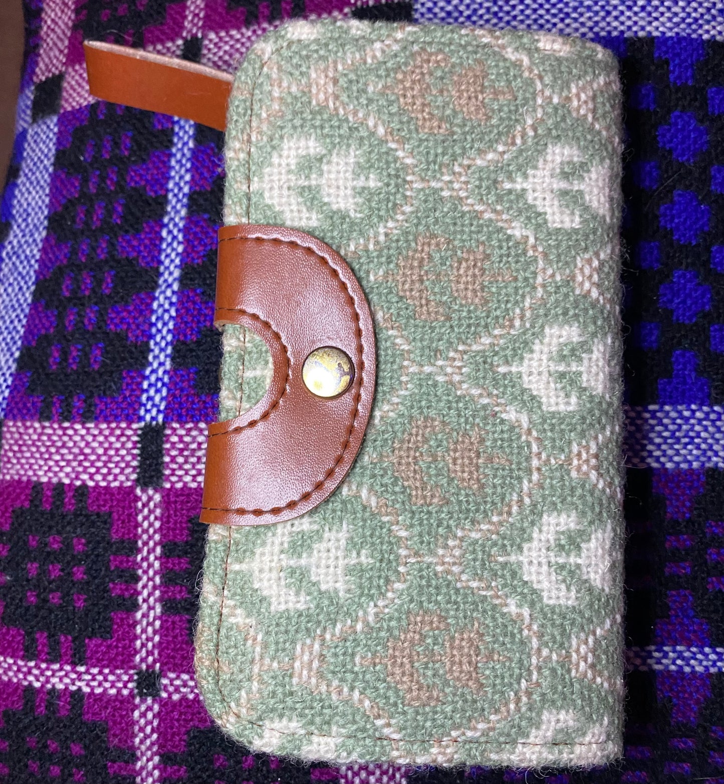 Vintage grey cream Leather & Welsh Wool Tapestry Clutch purse Brynkir print