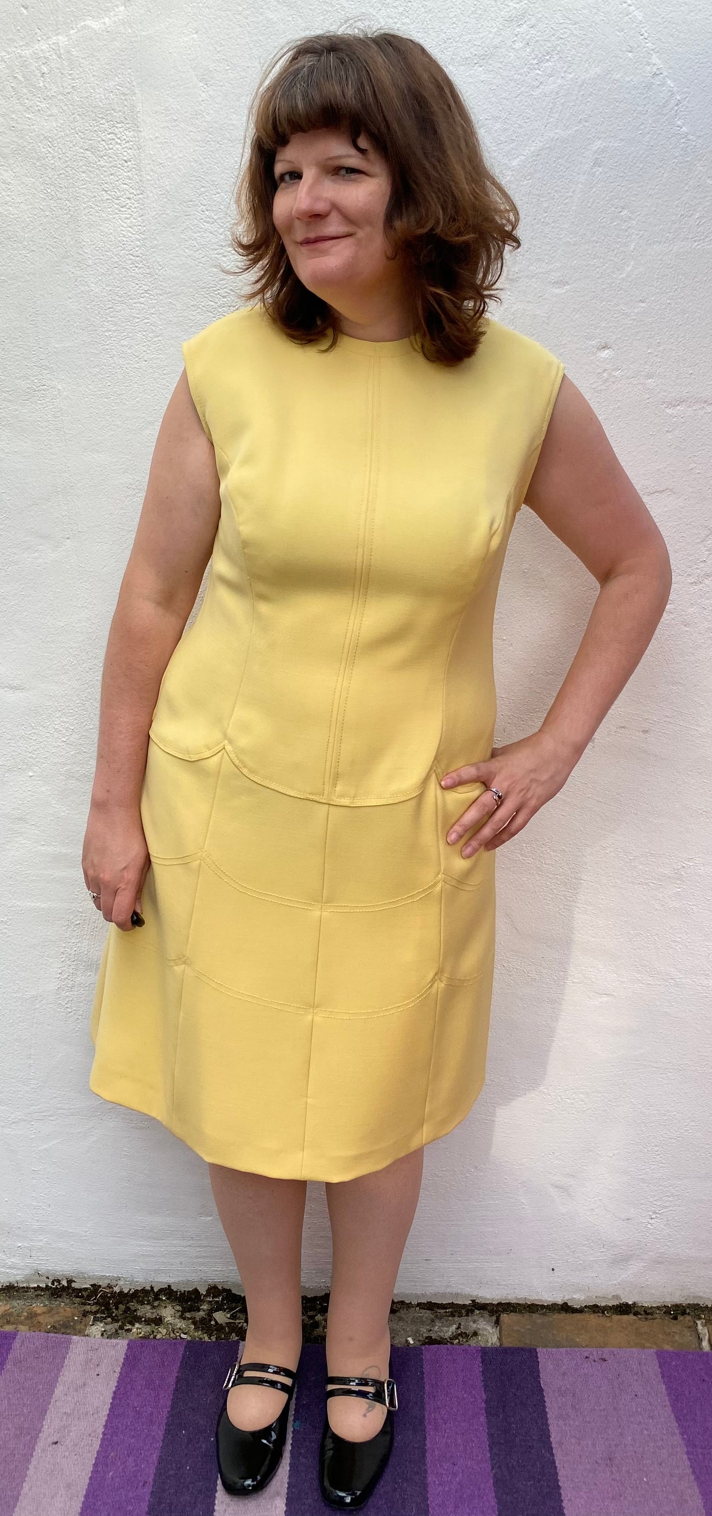 Vintage yellow 60s dress jacket suit black buttons two piece scallop detail handmade no label size 16