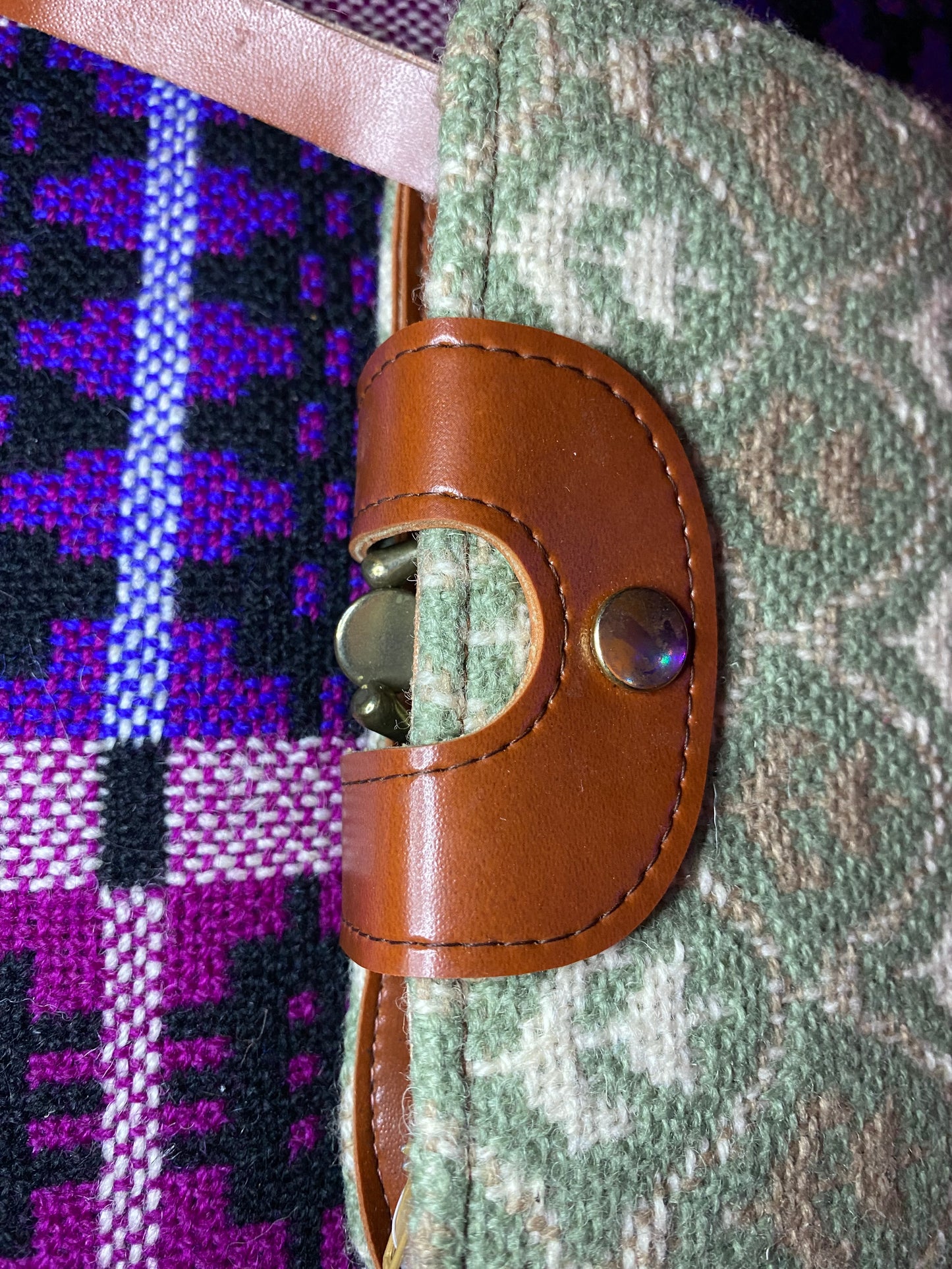 Vintage grey cream Leather & Welsh Wool Tapestry Clutch purse Brynkir print
