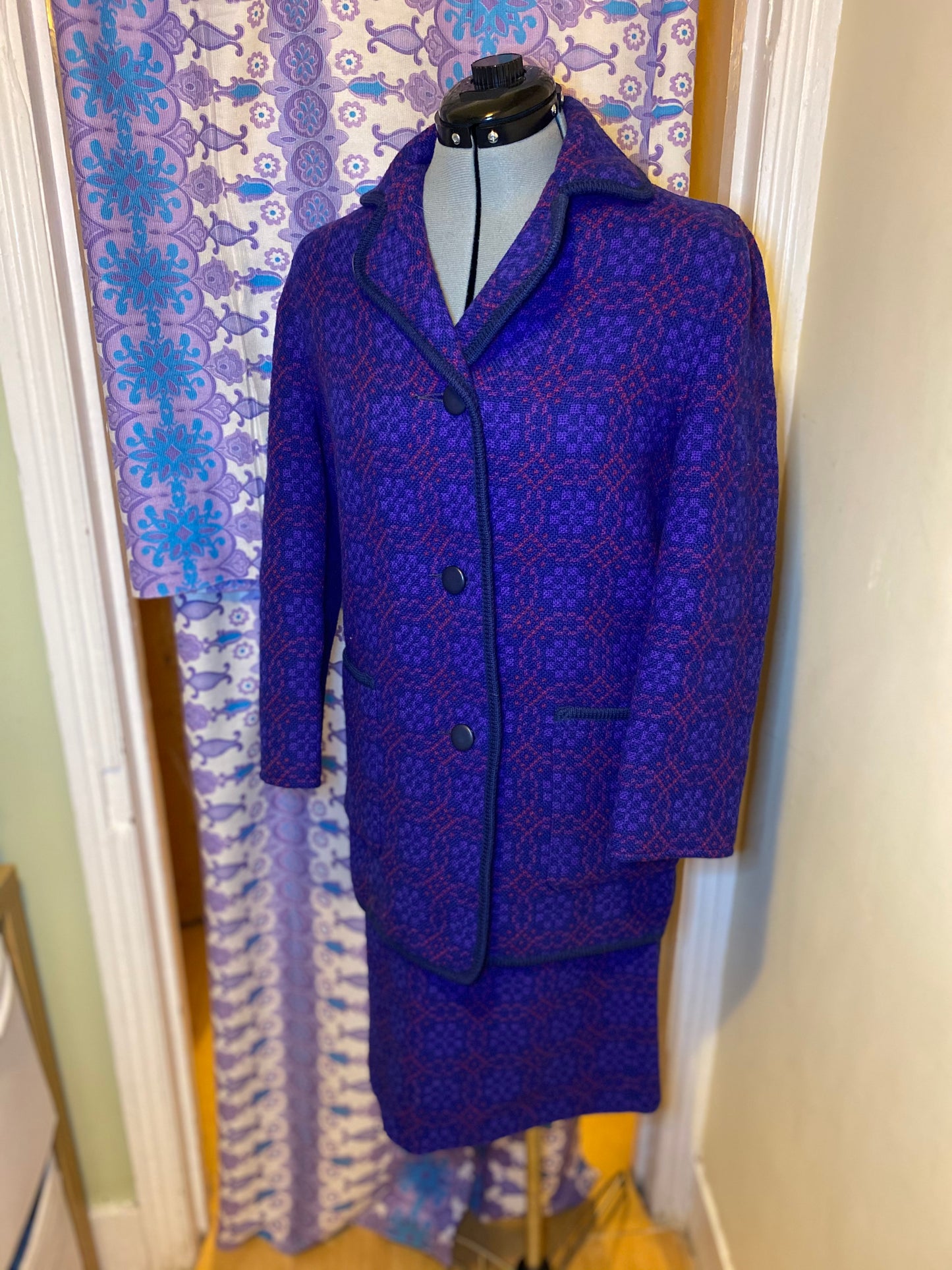 Vintage 60s Welsh wool Tapestry pea coat skirt set suit purple size 12 pockets Eclipse