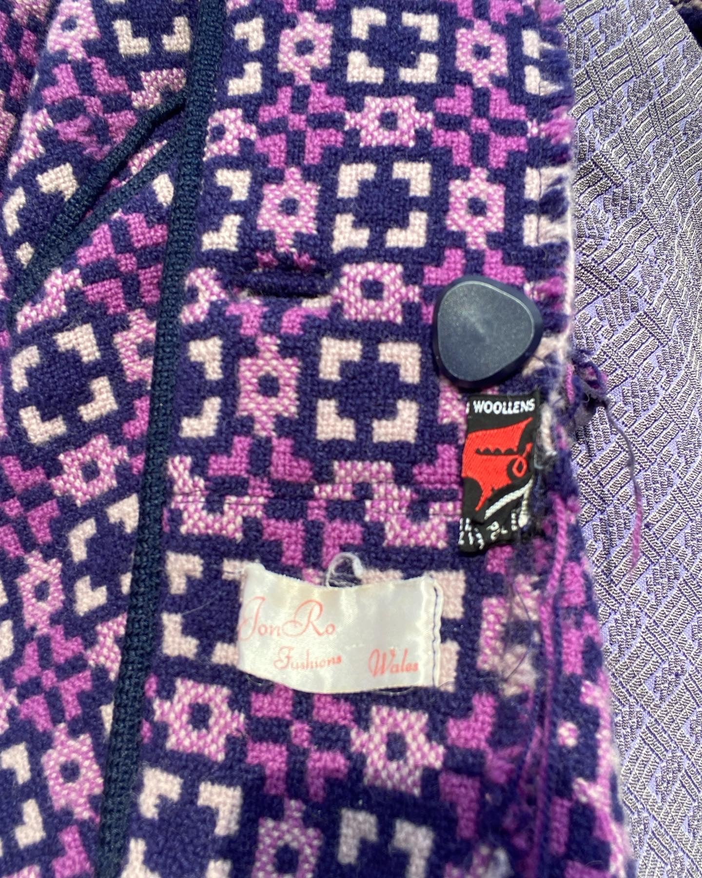 Vintage 60s Welsh wool Tapestry pea coat purple geometric print size 12 pockets Jon Ro fashions