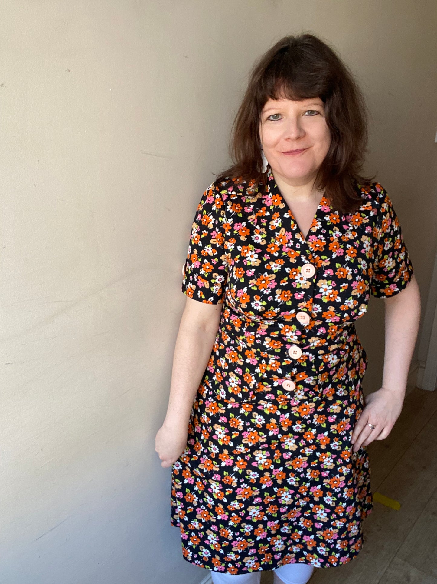 Vintage orange 80s floral print peplum dress size 16 polyester short sleeves