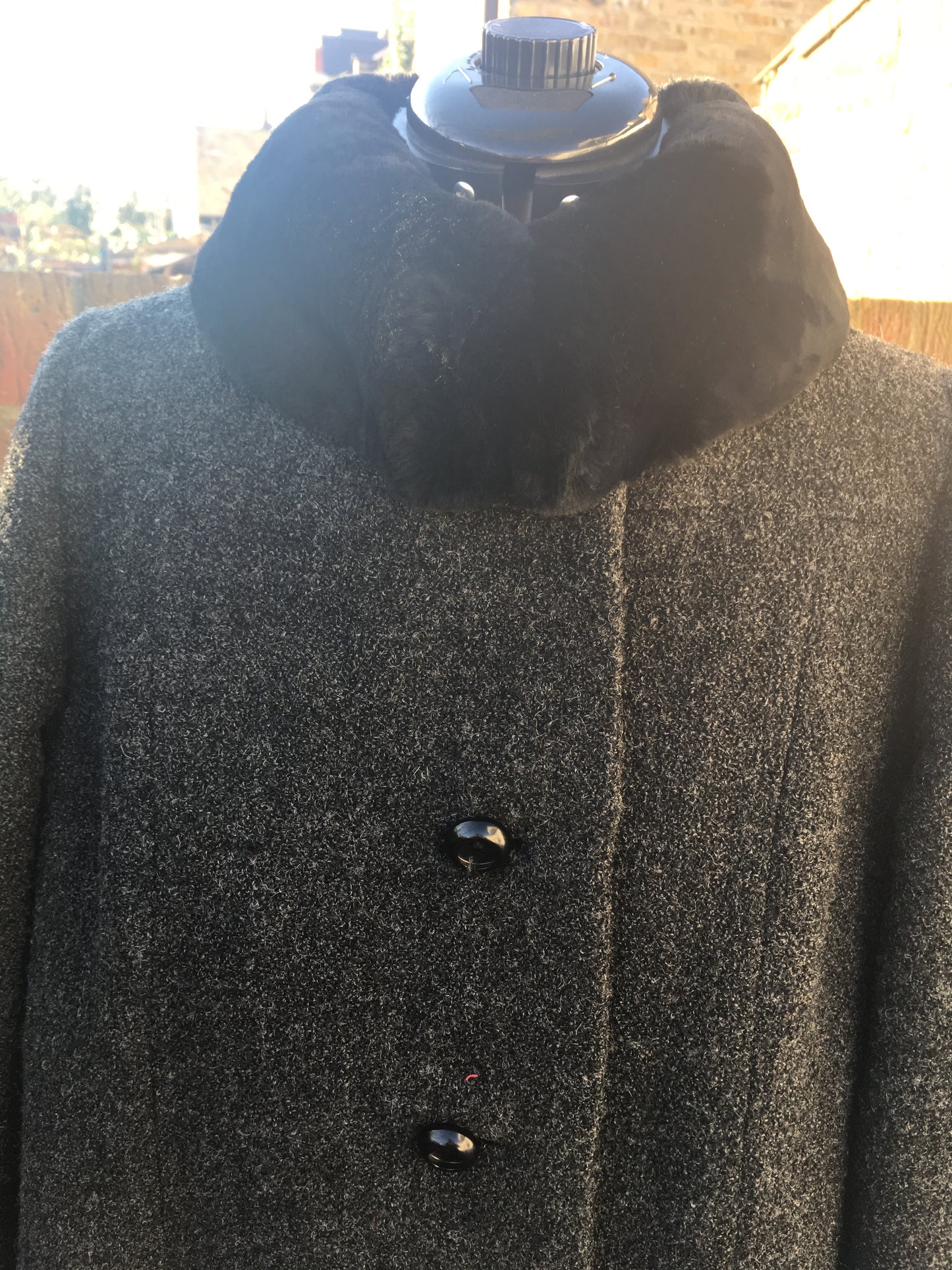 Vintage 60s Grey long coat black fur collar size 12 pockets