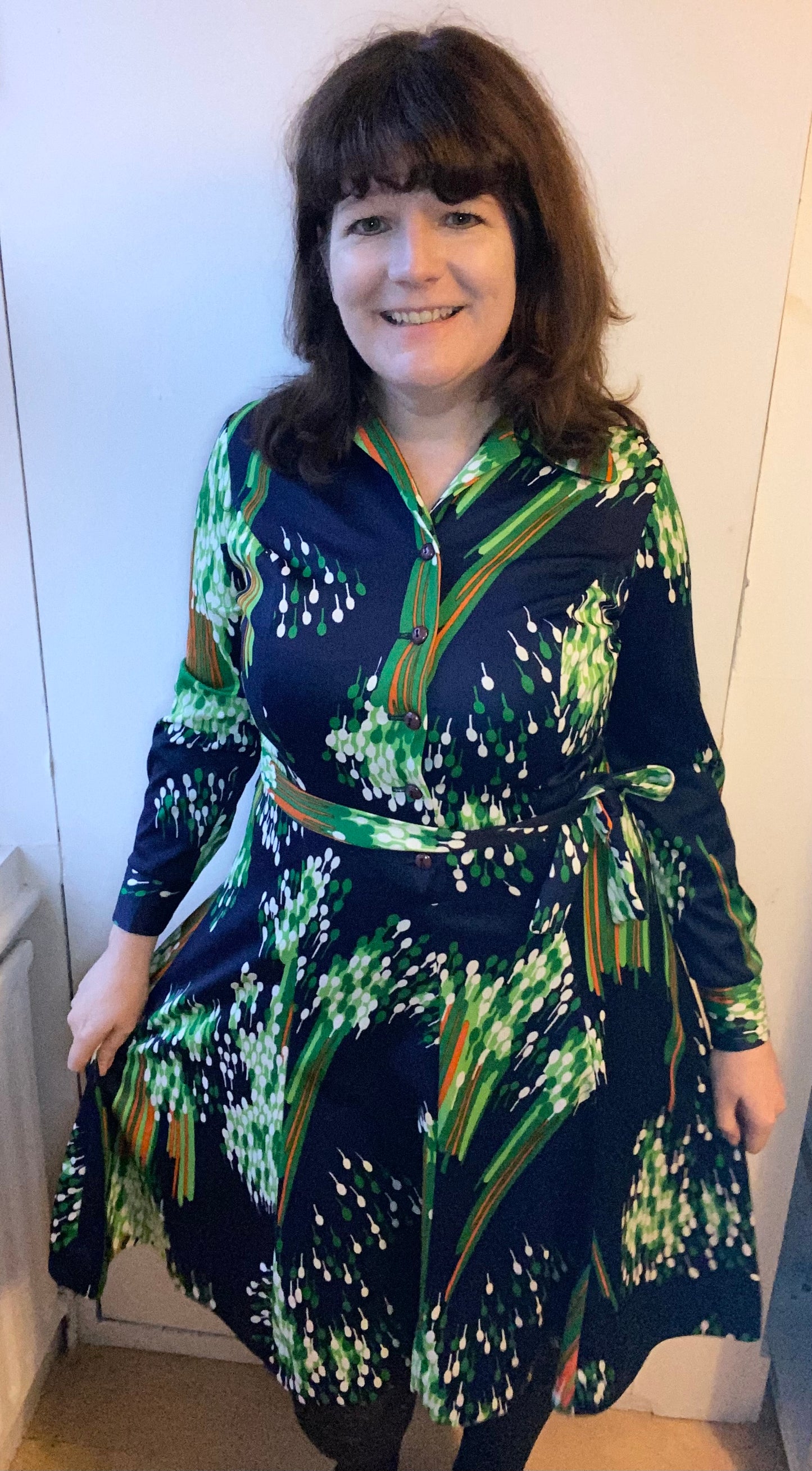 Vintage Melwine of Miami 70s blue green white print shirt dress size 16 polyester long sleeves