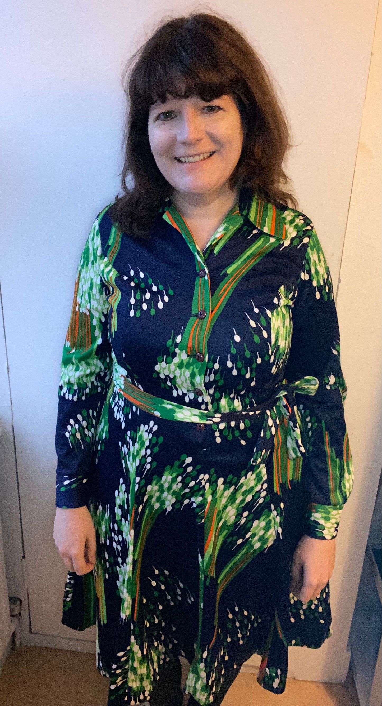 Vintage Melwine of Miami 70s blue green white print shirt dress size 16 polyester long sleeves