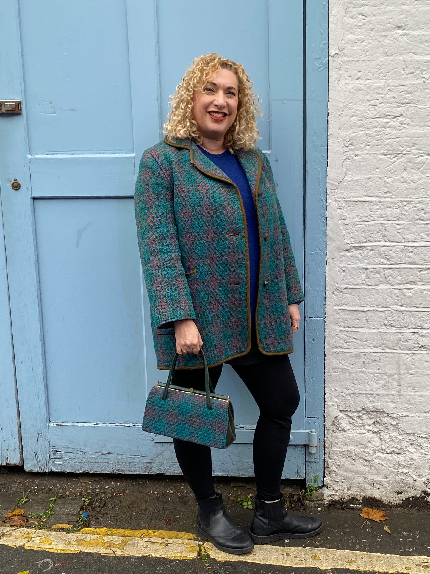 Vintage 60s Welsh wool Tapestry pea coat green pink print size 12 pockets