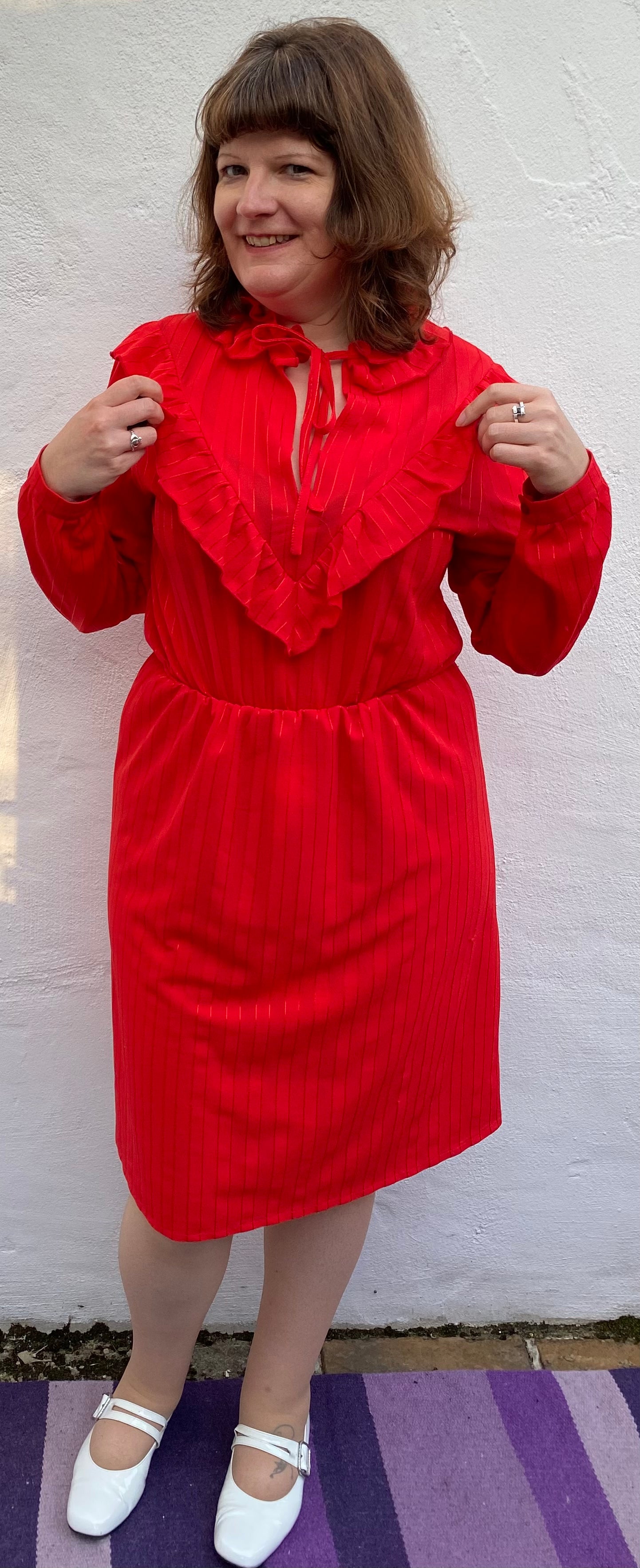 Vintage 80s red polyester frill dress with long sleeves size 14 16