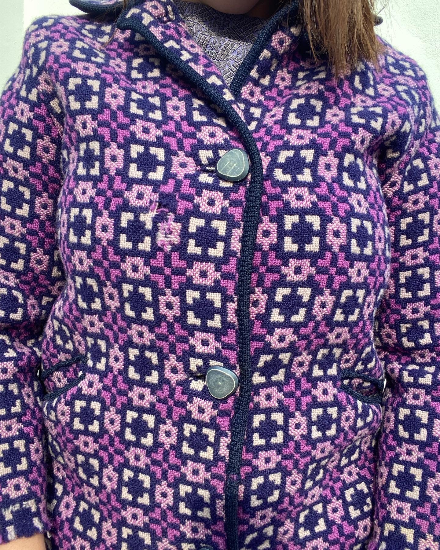 Vintage 60s Welsh wool Tapestry pea coat purple geometric print size 12 pockets Jon Ro fashions