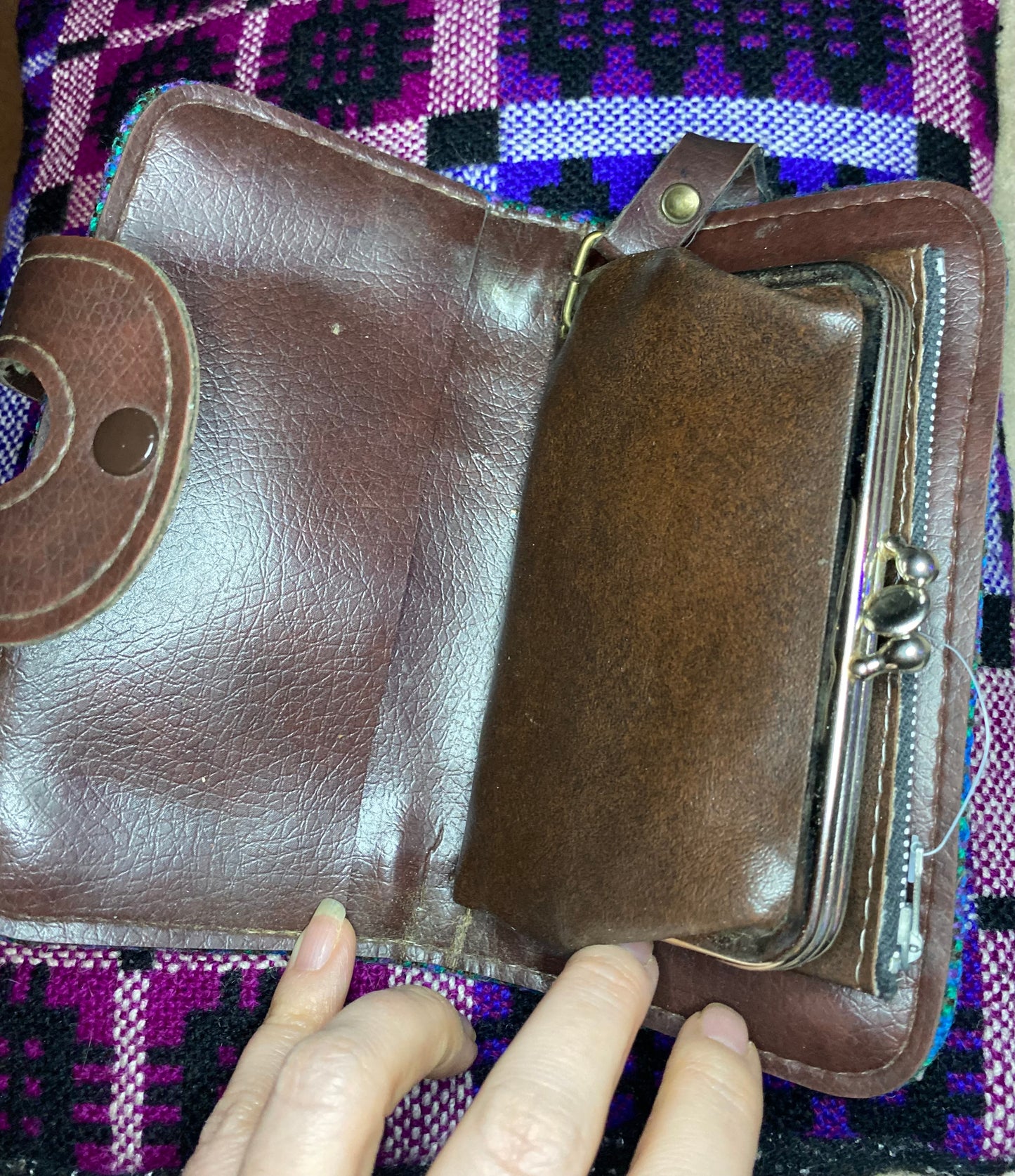 Vintage light Blue pink Leather & Welsh Wool Tapestry Clutch purse large
