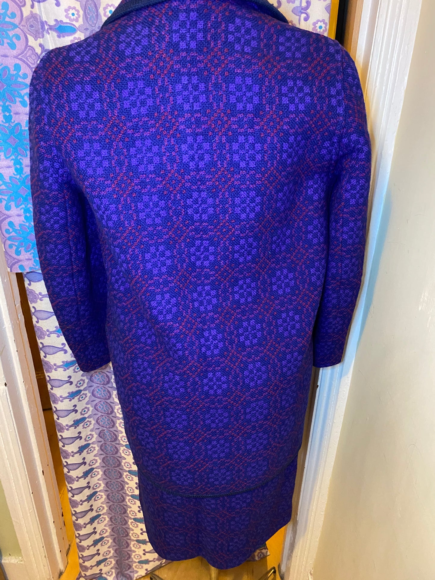 Vintage 60s Welsh wool Tapestry pea coat skirt set suit purple size 12 pockets Eclipse