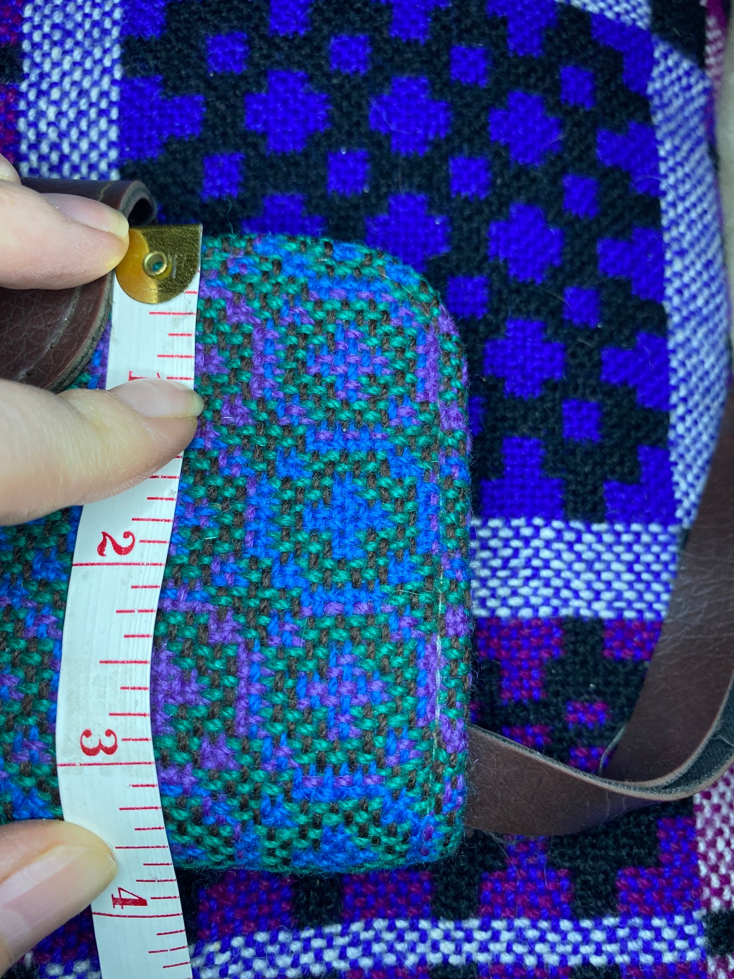 Vintage light Blue pink Leather & Welsh Wool Tapestry Clutch purse large